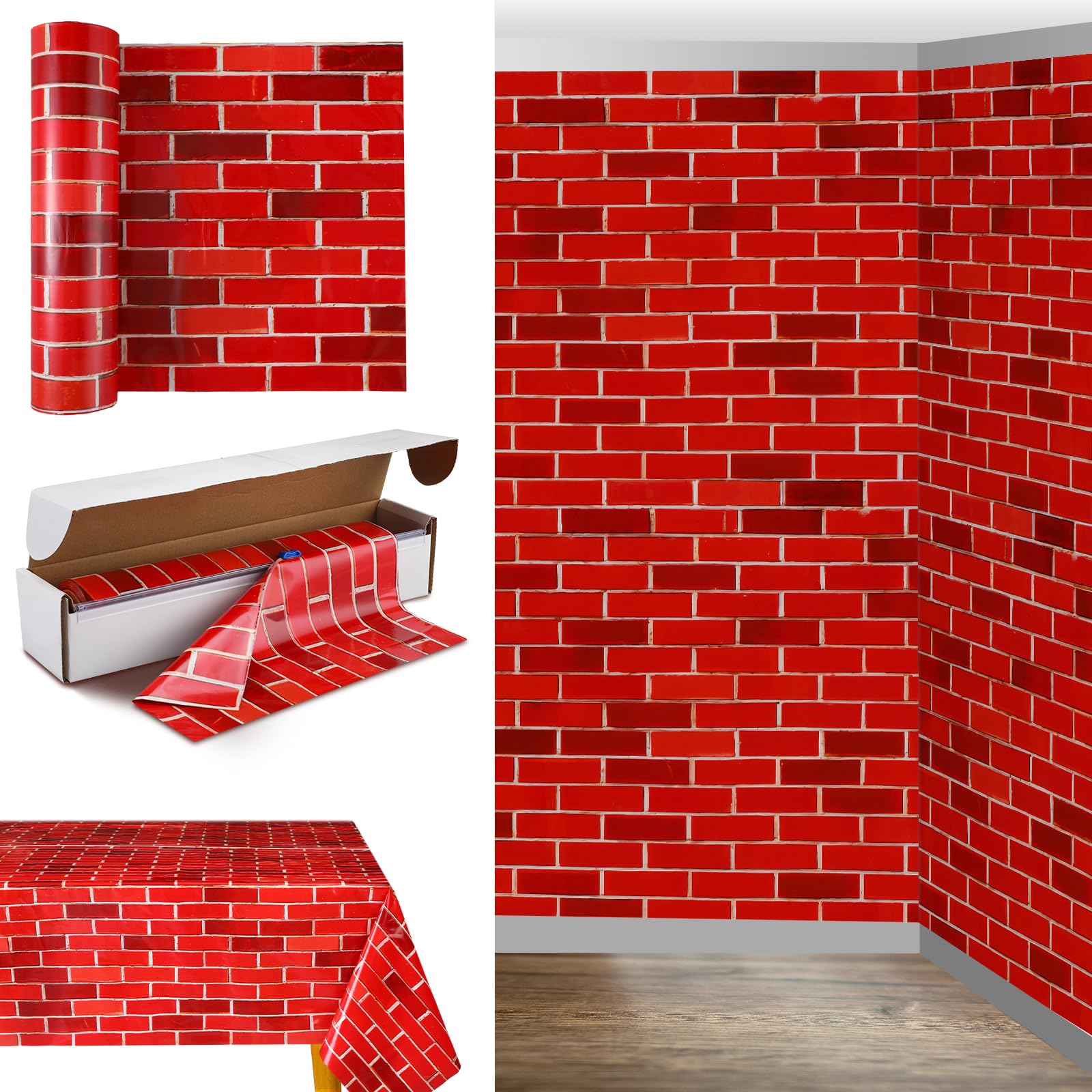 Oudain 54 Inch x 100 ft Red Brick Tablecloth Roll with Cutter Box