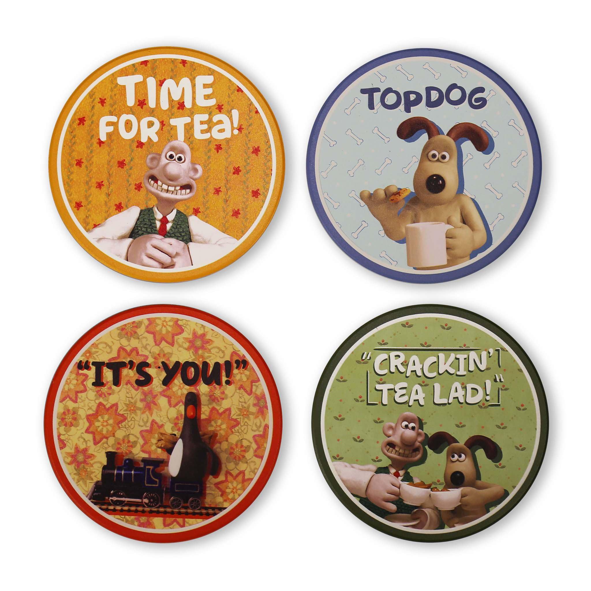 Half Moon Bay | Wallace & Gromit Ceramic Coasters Set of 4 | Round Drink Placemats for Coffee & Tea | Official Aardman Merchandise | Quirky Novelty Tableware Gift