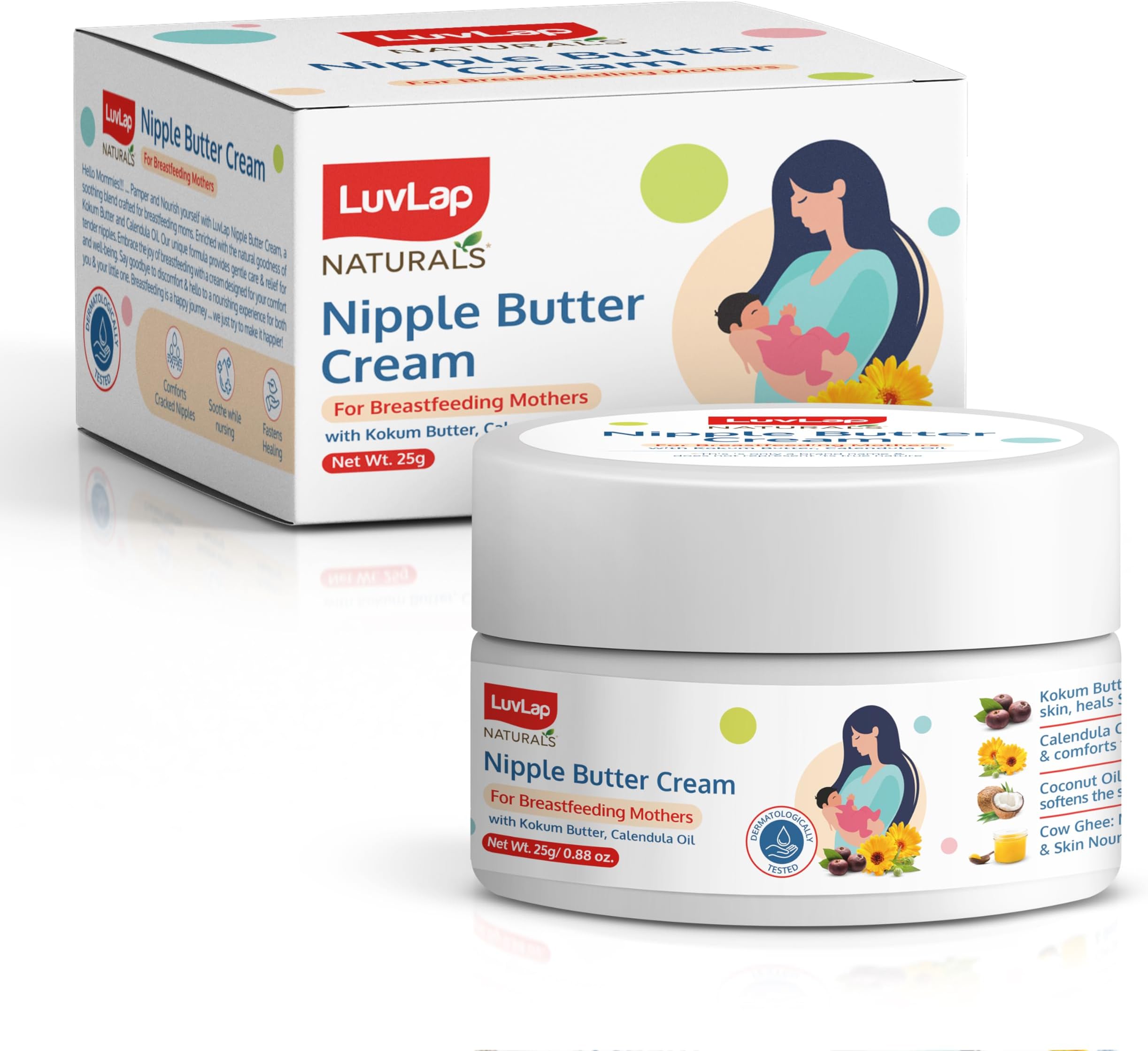 LuvLap Naturals Nipple Butter Cream for Sore & Cracked Dry Nipples, 100% Natural, Safe for Baby & Breast Feeding Moms, No Taste & Odour, Dermatologically Tested, Maternity Essential, 25g