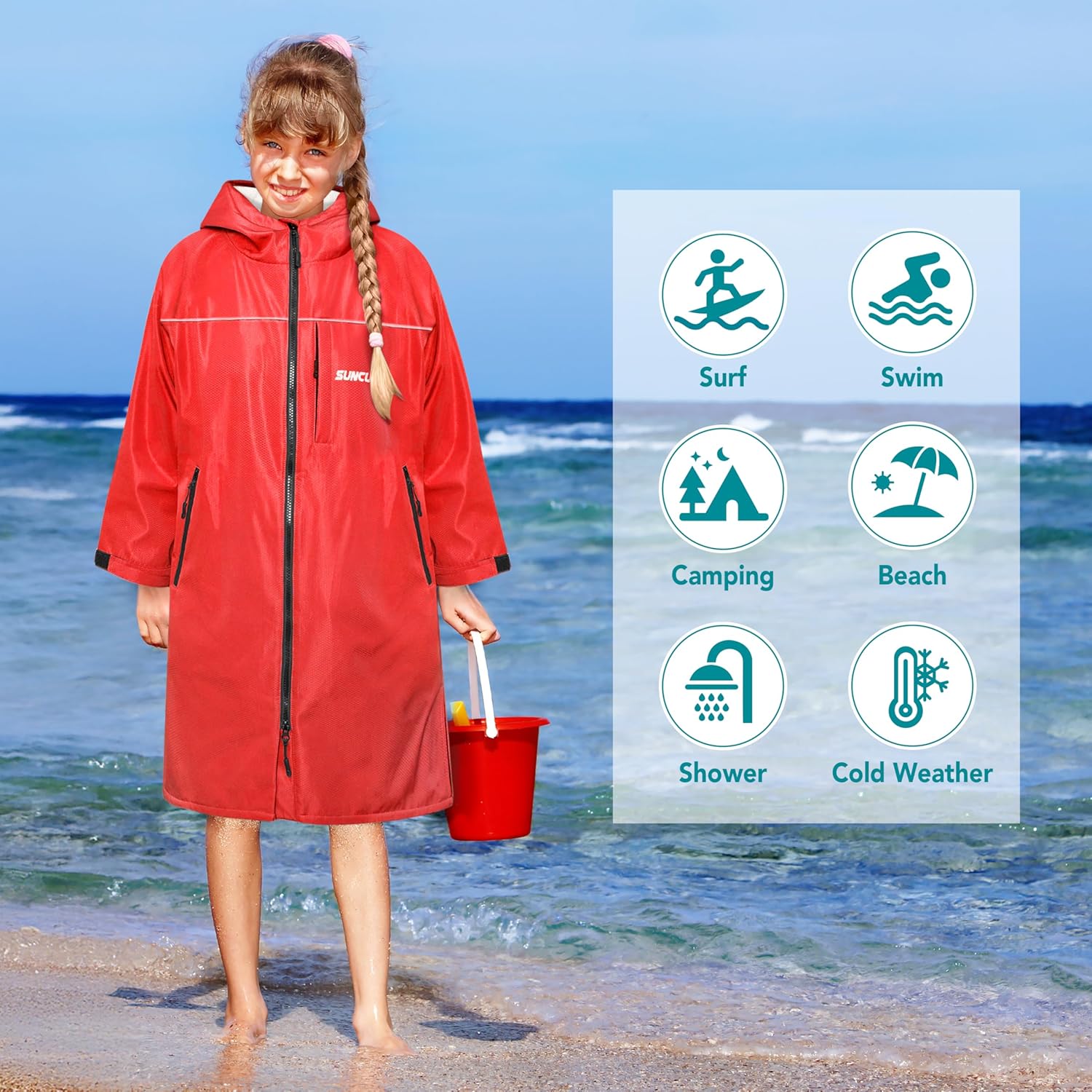 SUN CUBE Swim Parka Boy Girl, Kids Unisex Hooded Changing Robe with Sherpa Lining for Swimming, Surfing, Water Sports - Image 6