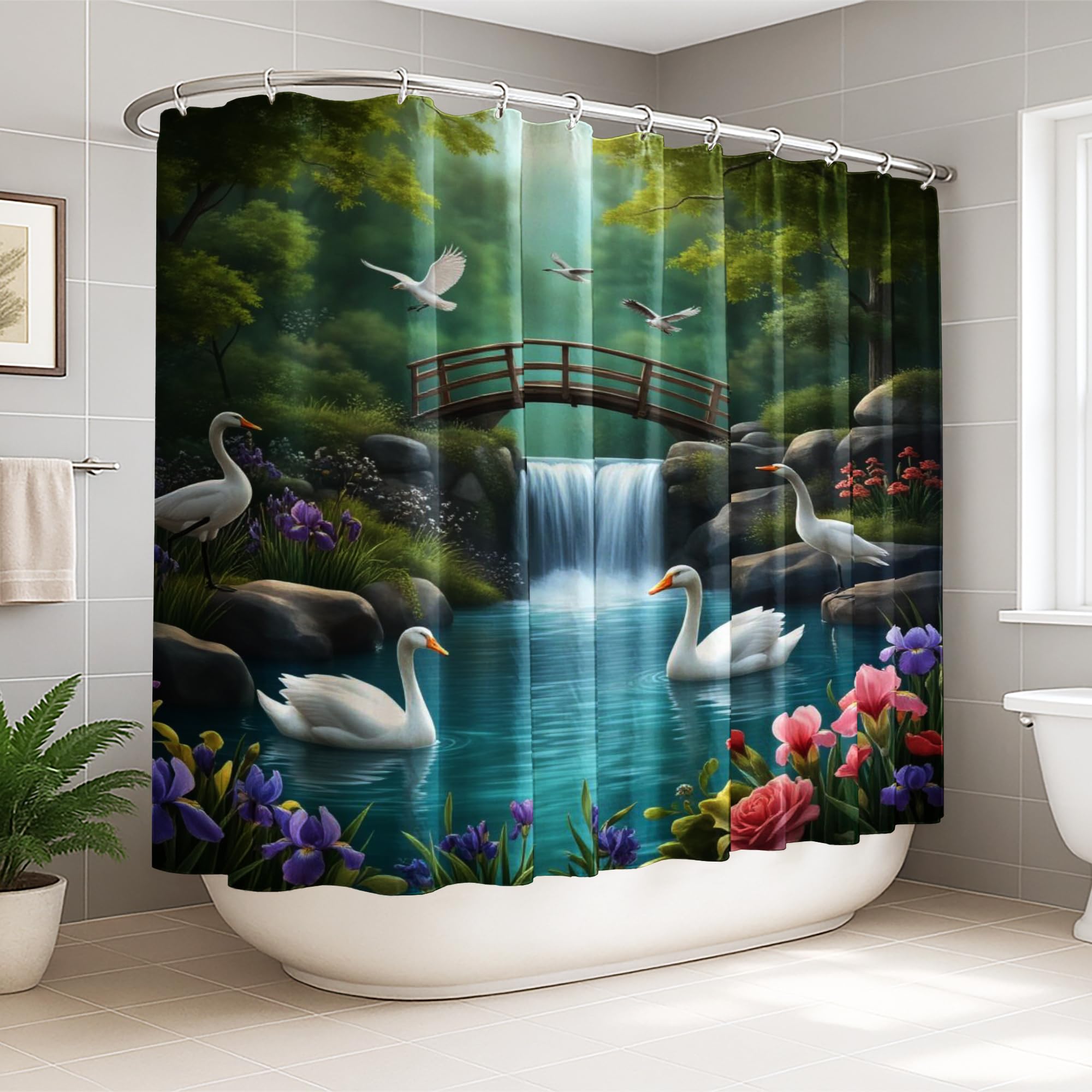 Rideau de douche XXL vert motif cygne pour sublimer votre chambre d'amis
