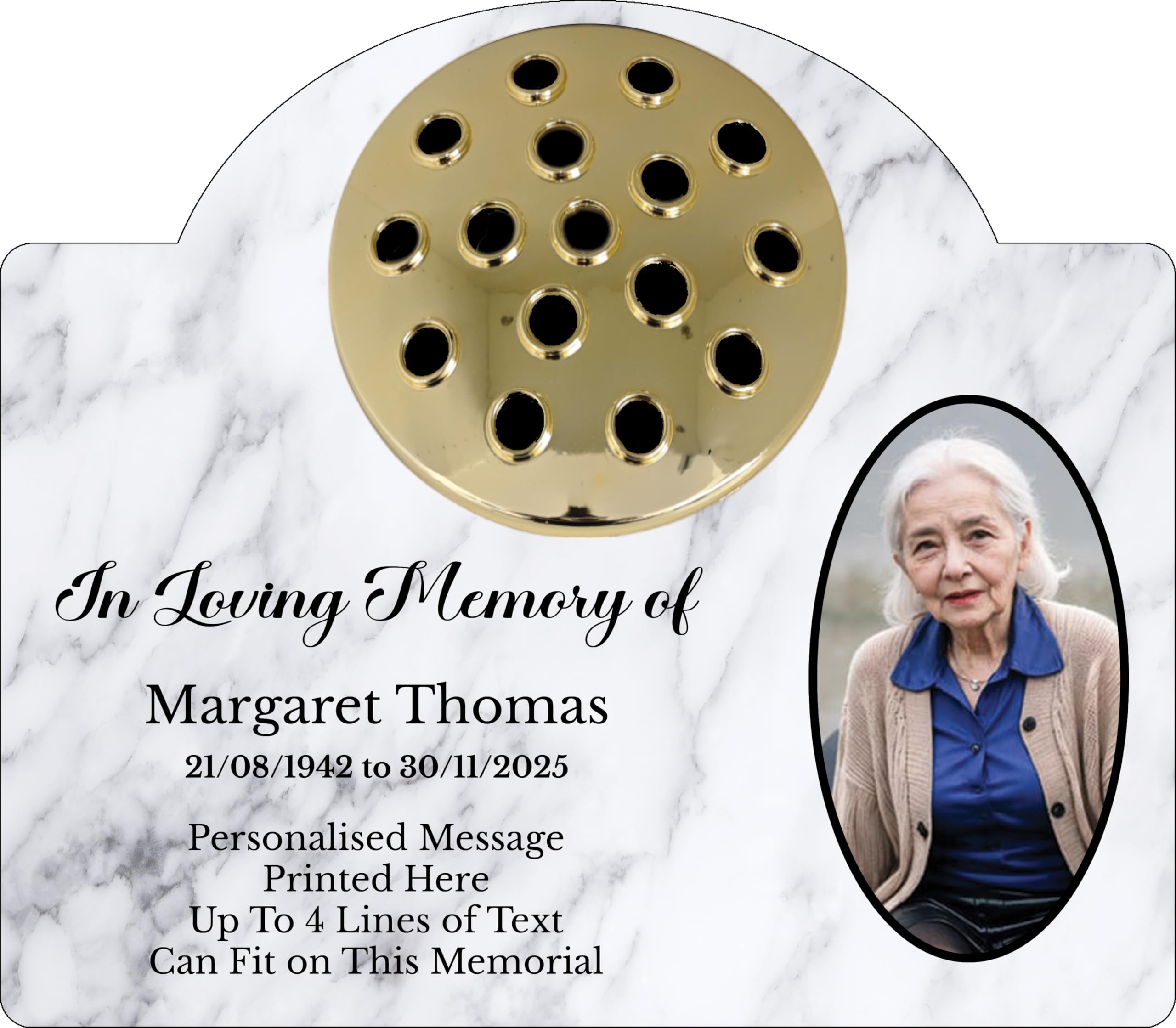 1stclassgifts Personalised Metal Grave Stone Marker Headstone Memorial Plaque, In Memory Sign Remembrance Your Photo Grave Vase Flower Holder (UV PRINTED) (White Marble, Gold Lid) โ image 1