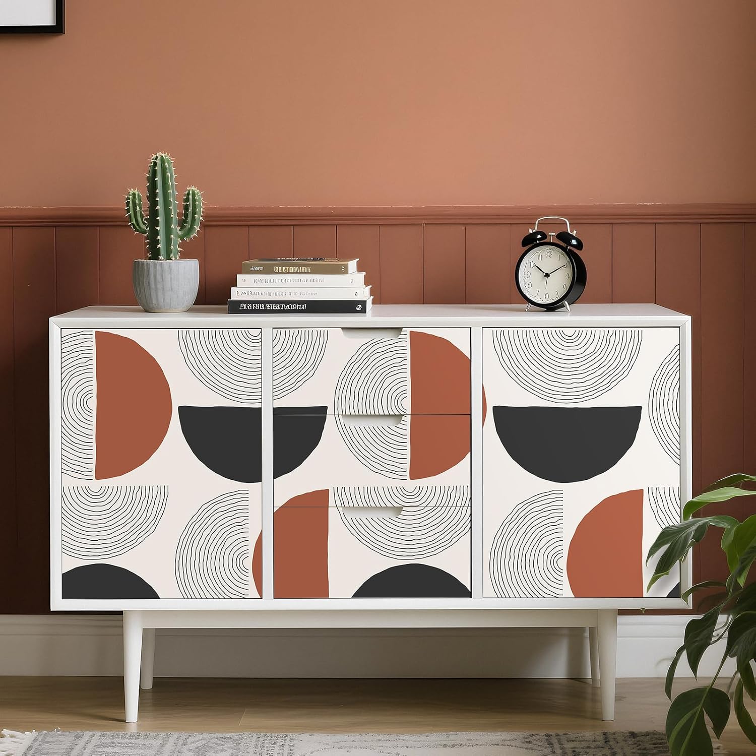Stickyart Geometric Peel and Stick Wallpaper Waterproof Terracotta Black Beige Abstract Wallpaper Sticky Bold Geometric Contact Paper Circle Mid Century Wall Paper Modern for Bathroom 17.5"x80"