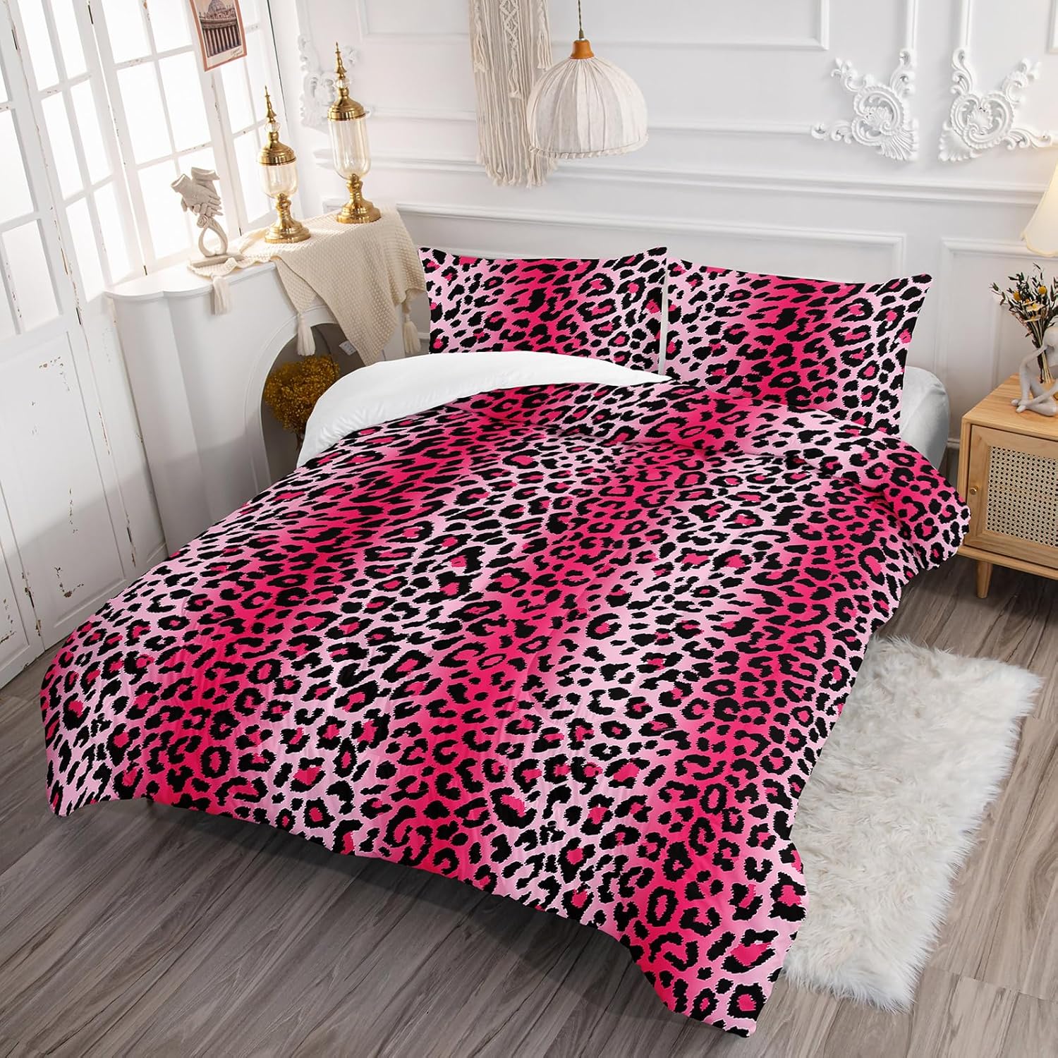 Axolotl Leopard Print Comforter Set Queen Size,Africa Cheetah Bedding for Women Adults,Africa Animal Comforter,Wildlife Room Decor for Men,3Pcs Luxury Gradient Pink Leopard Bed Set with 2 Pillowcases