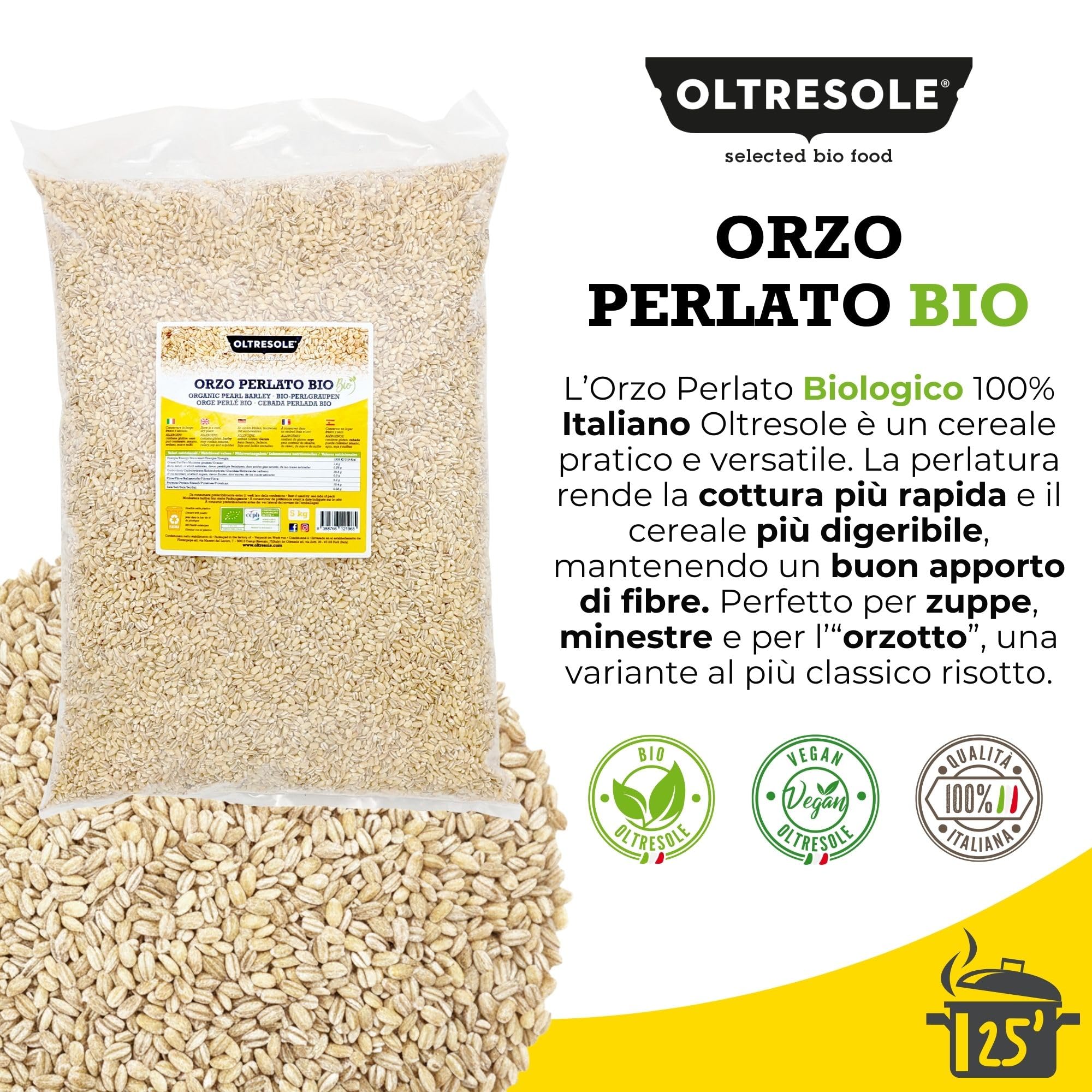 Oltresole, Orzo Perlato Italiano Biologico 5 kg, Cereale Bio Ricco di Fibre, Ottimo per Zuppe, Insalate e Minestre, Prodotto da Agricoltura Italiana, Formato Convenienza