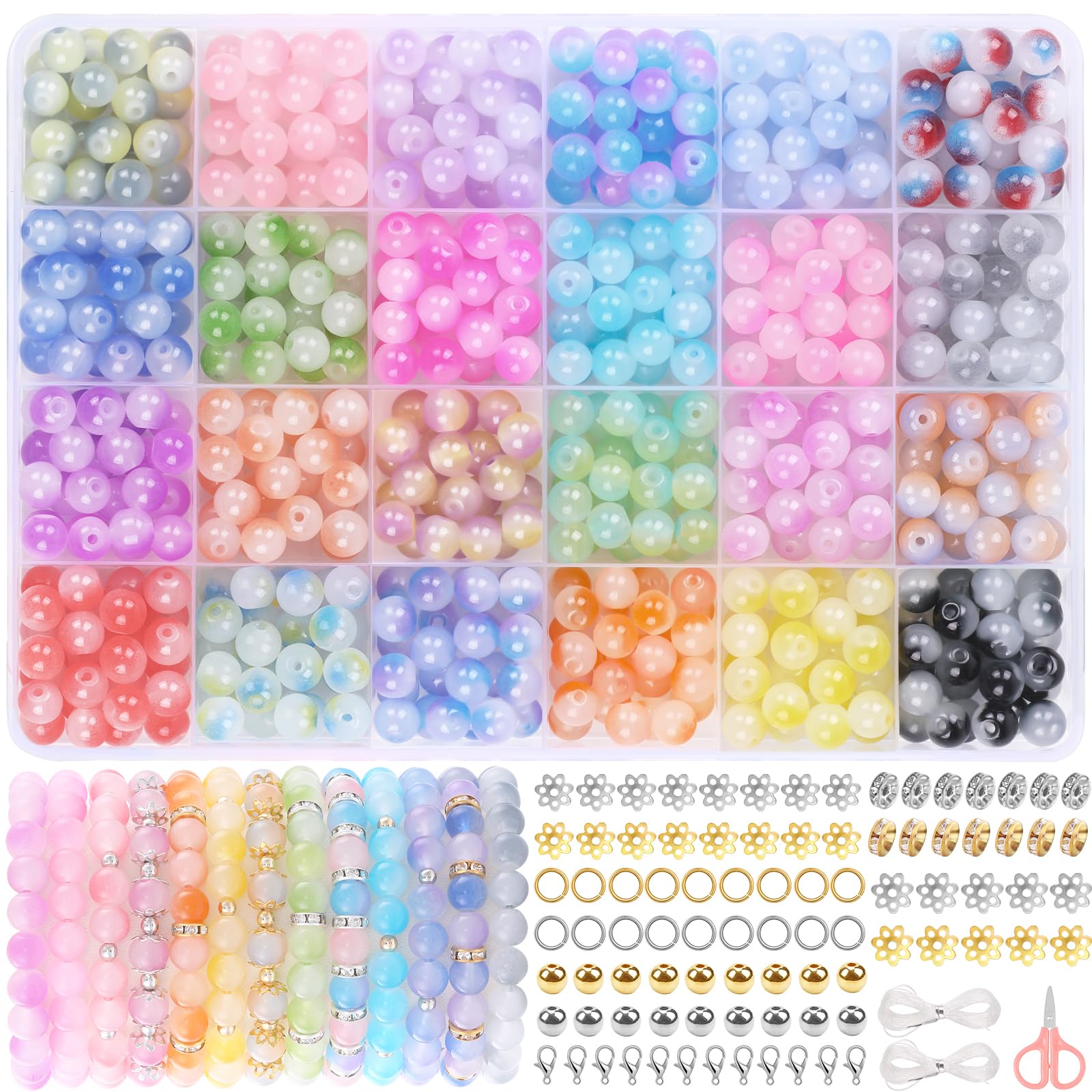 DIYDEC 900 Stück 8mm Bunte Glasperlen für Armbänder, 24 Farben Glasperlen zum Basteln runde Bunte Edelsteine Perlen Schmucksteine mit Loch für die Herstellung von Schmuck Armbänder DIY Handwerk