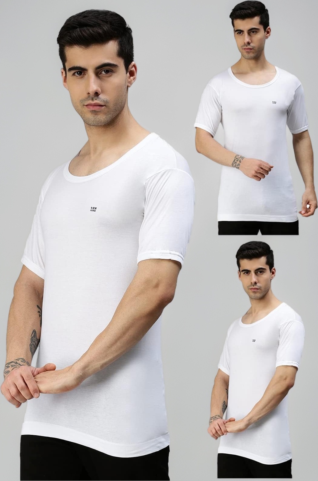 Men's White Round Neck Half Sleeves 100% Cotton Modern Fit Vest With Extended Length For Easy Tuck (Pack Of 3)