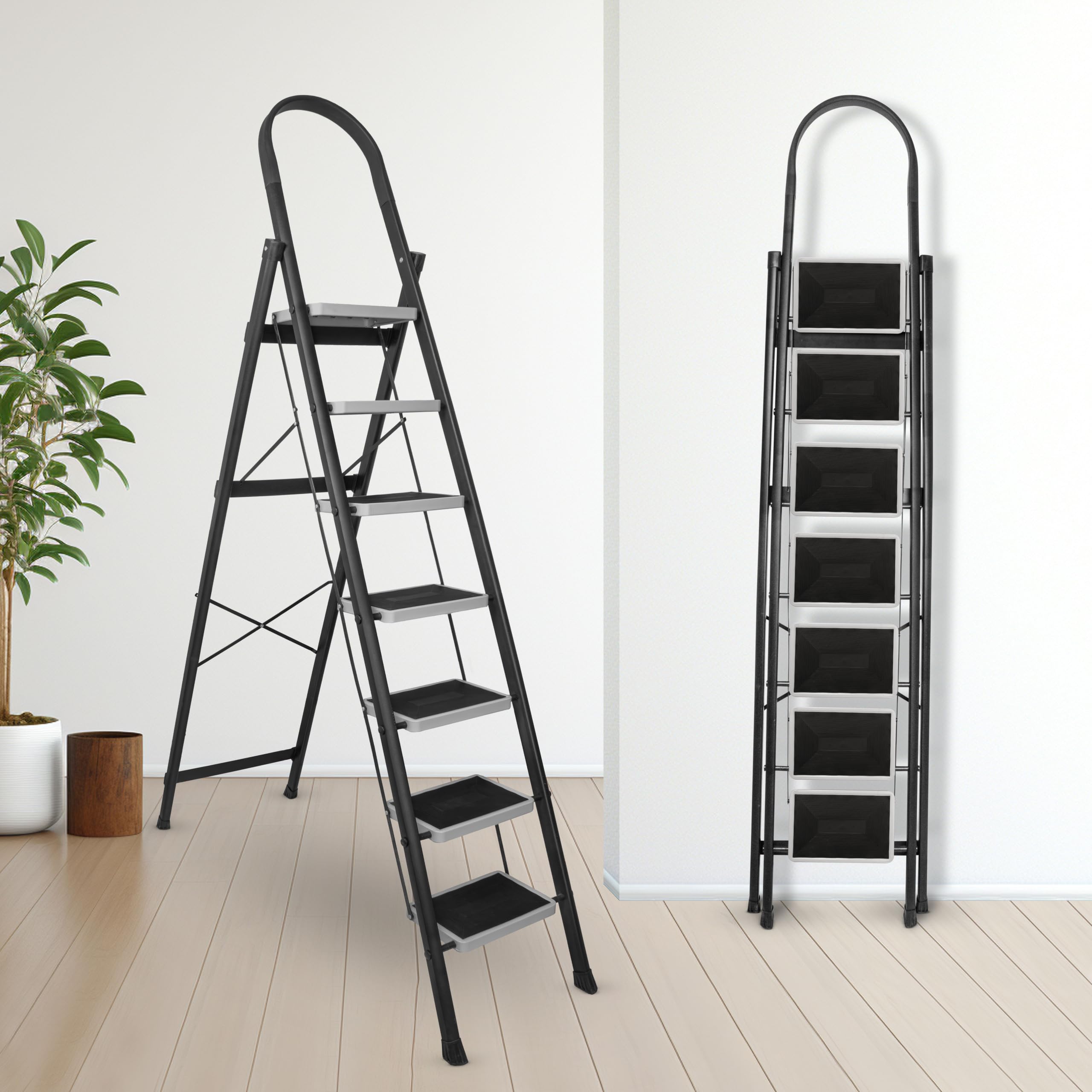 TEKCOOL Ladder for Home 7 Steps Foldable with Built-in Tool Tray | Heavy Duty D Shape Rods | 20 x 30cm Large Platform | Wide Rubber Feet | Secure Lock | 150Kg Capacity