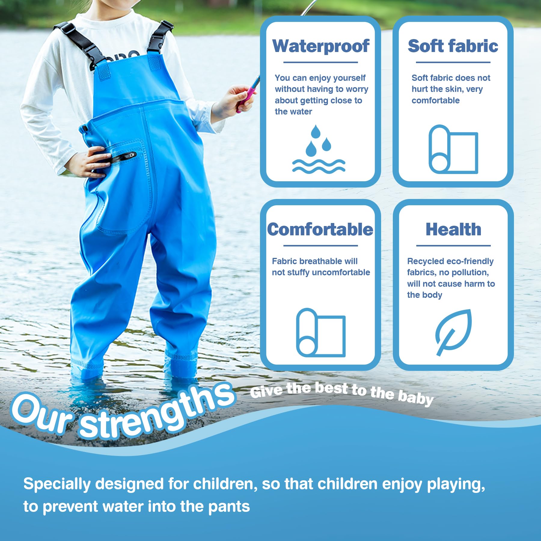 VicBre Kinder-Wathose für Jungen und Mädchen, Reißverschlusstasche,Verstellbare Träger,Rückenschnalle Design,Wasserdichte Regenhose mit Stiefeln, Wathose für Jugendliche
