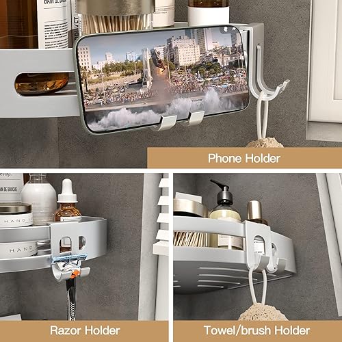 Miniatura 3 de VOLPONE Estantes esquineros para ducha con ganchos, organizador de bañera a prueba de óxido, sin taladros (montaje adhesivo, sin ventosa), soporte