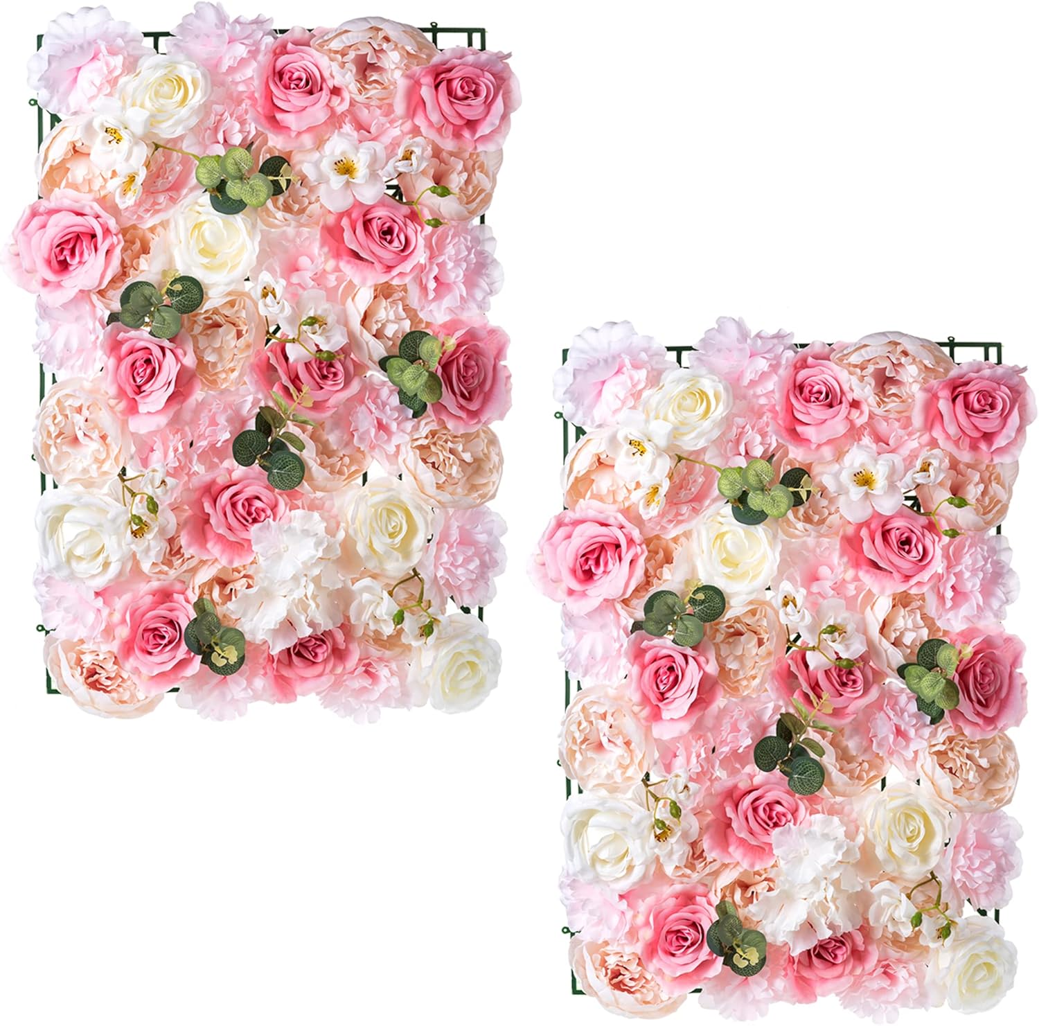 Flower Wall Panel Floral Backdrop - 2 Pcs Pink Flower Wall Decor, 24" X 16" Silk Rose Wall, Artificial Flower Wall Backdrop Faux Flower Panel for Wedding, Party, Nursery, Baby Girl Room, Home Decor Pink & White 2