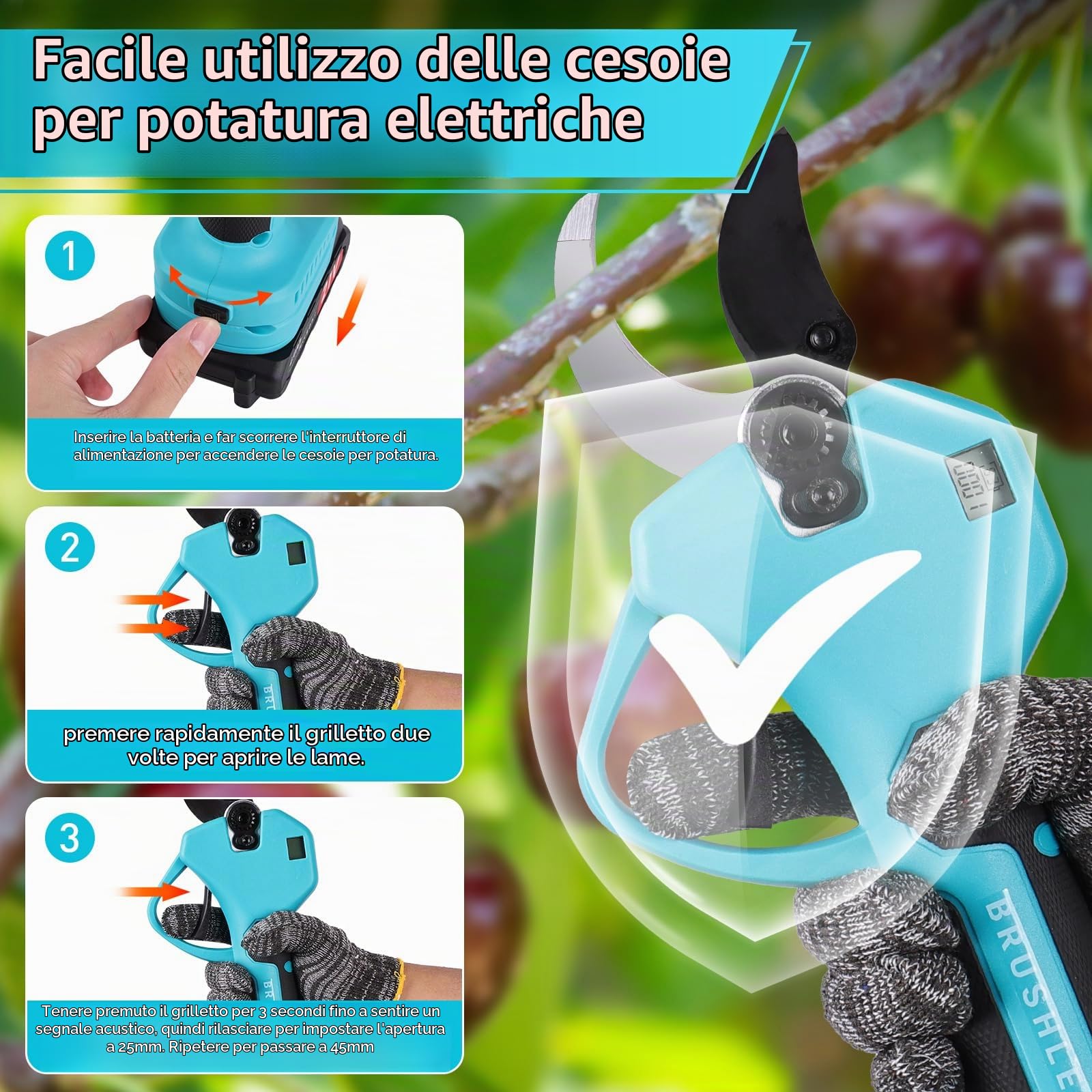 Forbici Potatura Elettriche - 45mm Cesoie Potatura Elettriche Professionali Con 2 21V/2000 mAh Batteria - Forbici a batteria da potatura per Giardinaggio Albero da Frutta