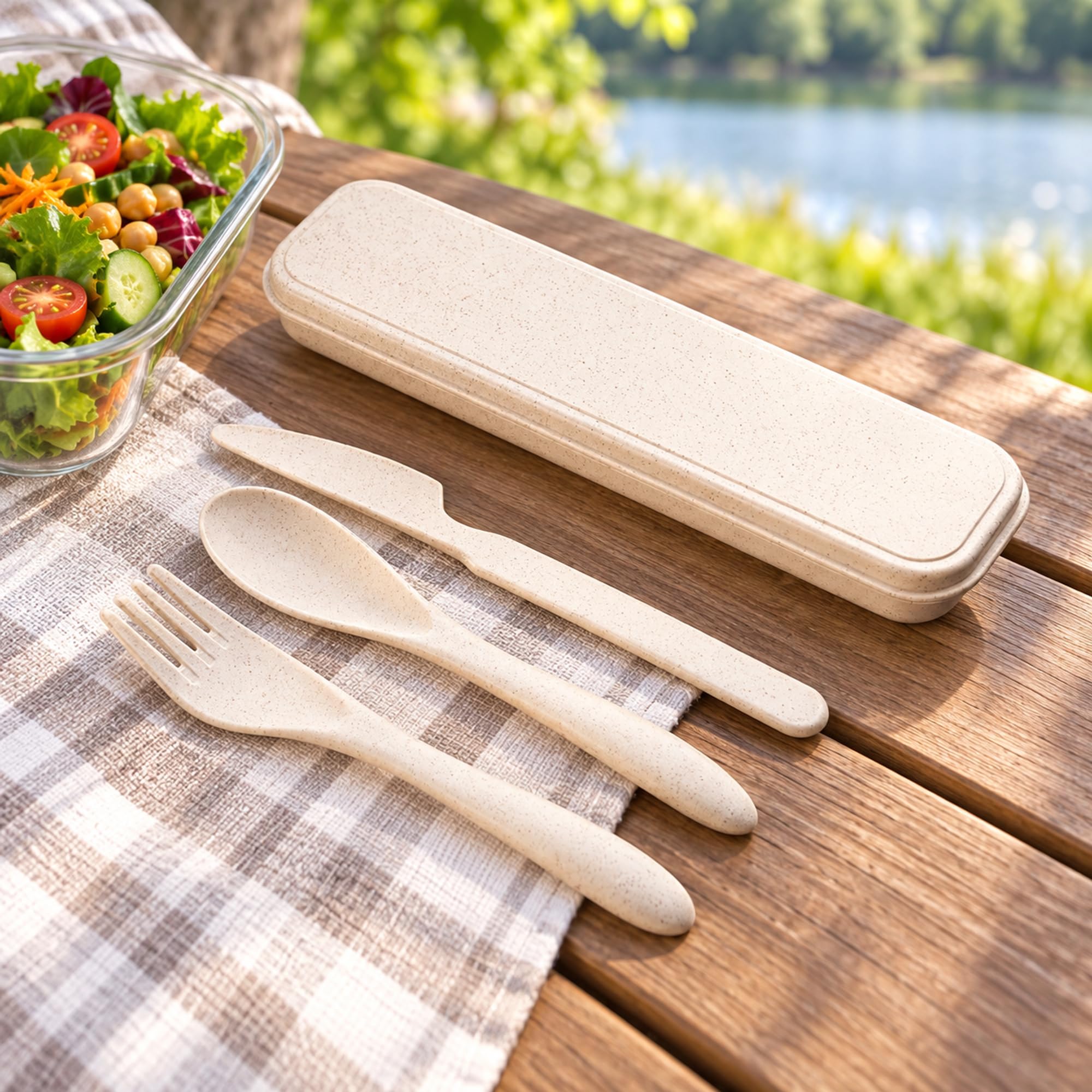 Plastic Travel Cutlery with Carry Case, Portable Eating Utensils for Work Lunches, Camping and Picnic Meals