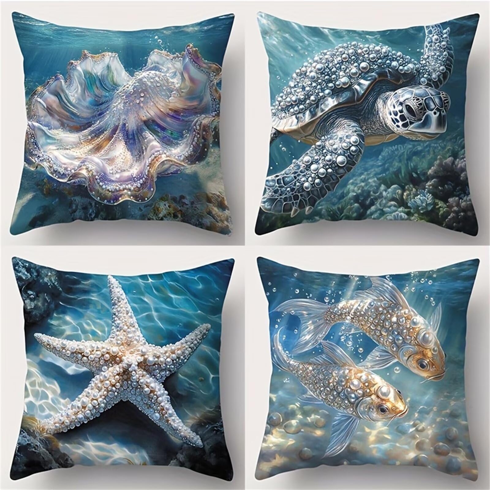 QiHon Cushion Covers 55x55 cm Set of 4 Sea Turtles Linen Square Pillow Cases 22x22 inch Modern Decorative Throw Pillow Covers for Sofa Couch Bedroom Home Office with Invisible Zipper