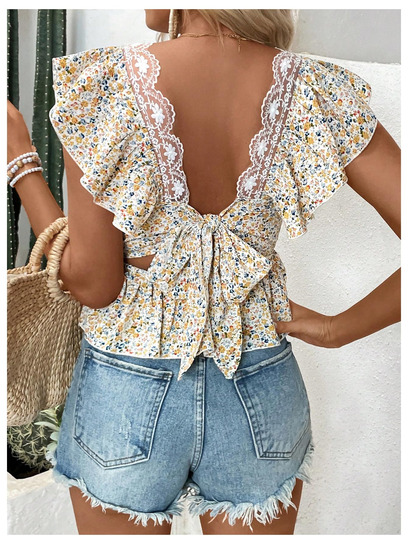 SweatyRocks Women's Floral Printed Lace Blouses Tie Back Ruffle Sleeve Square Neck Peplum Tops