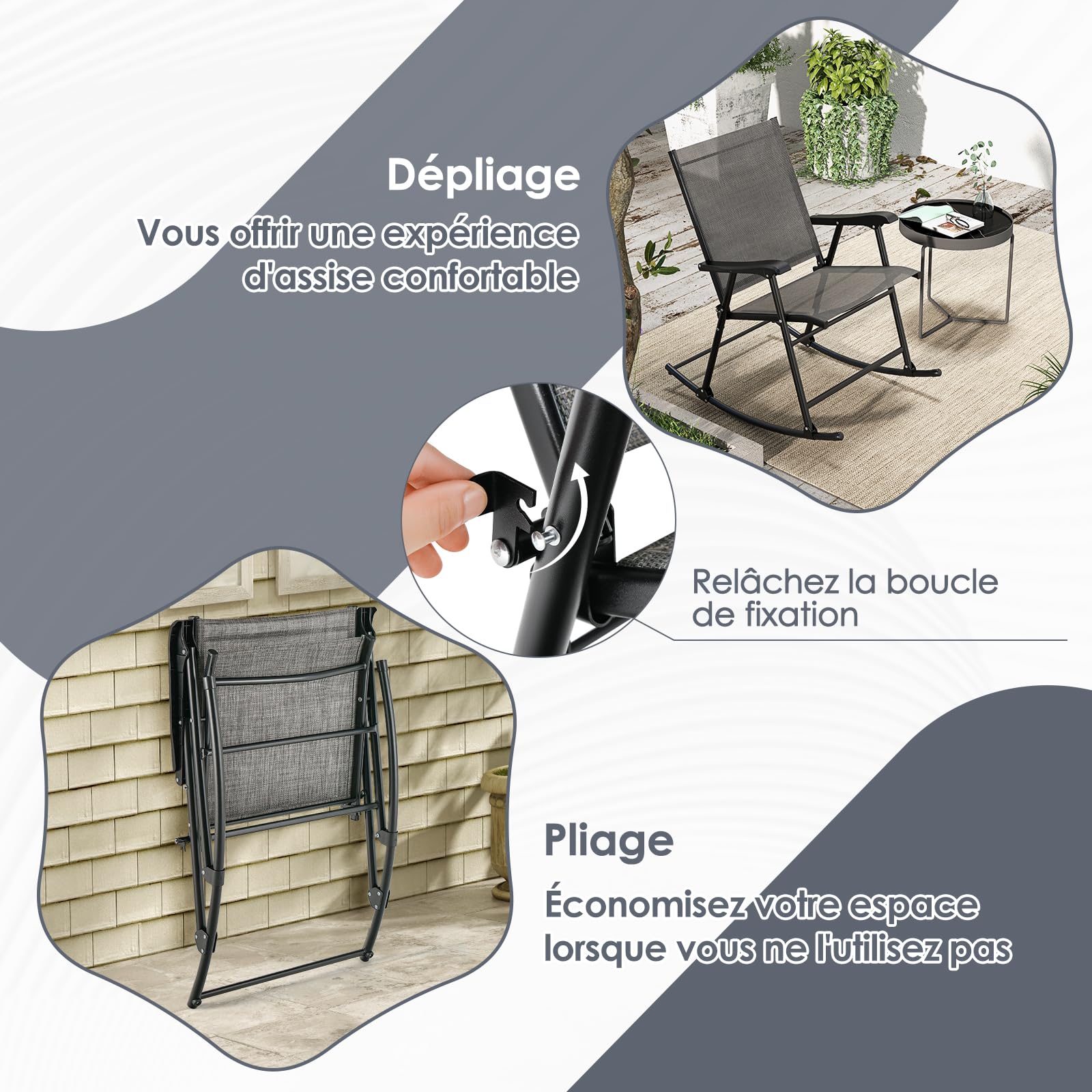 GOPLUS Lot de 2 Fauteuil Jardin Exterieur à Bascule Pliantes, 82 x 64 x 91 CM, Rocking Chair en Tissu Respirant, avec Dossier, Accoudoirs et Repose-Pieds, Charge 150KG, pour Camping, Terrasse, Jardin