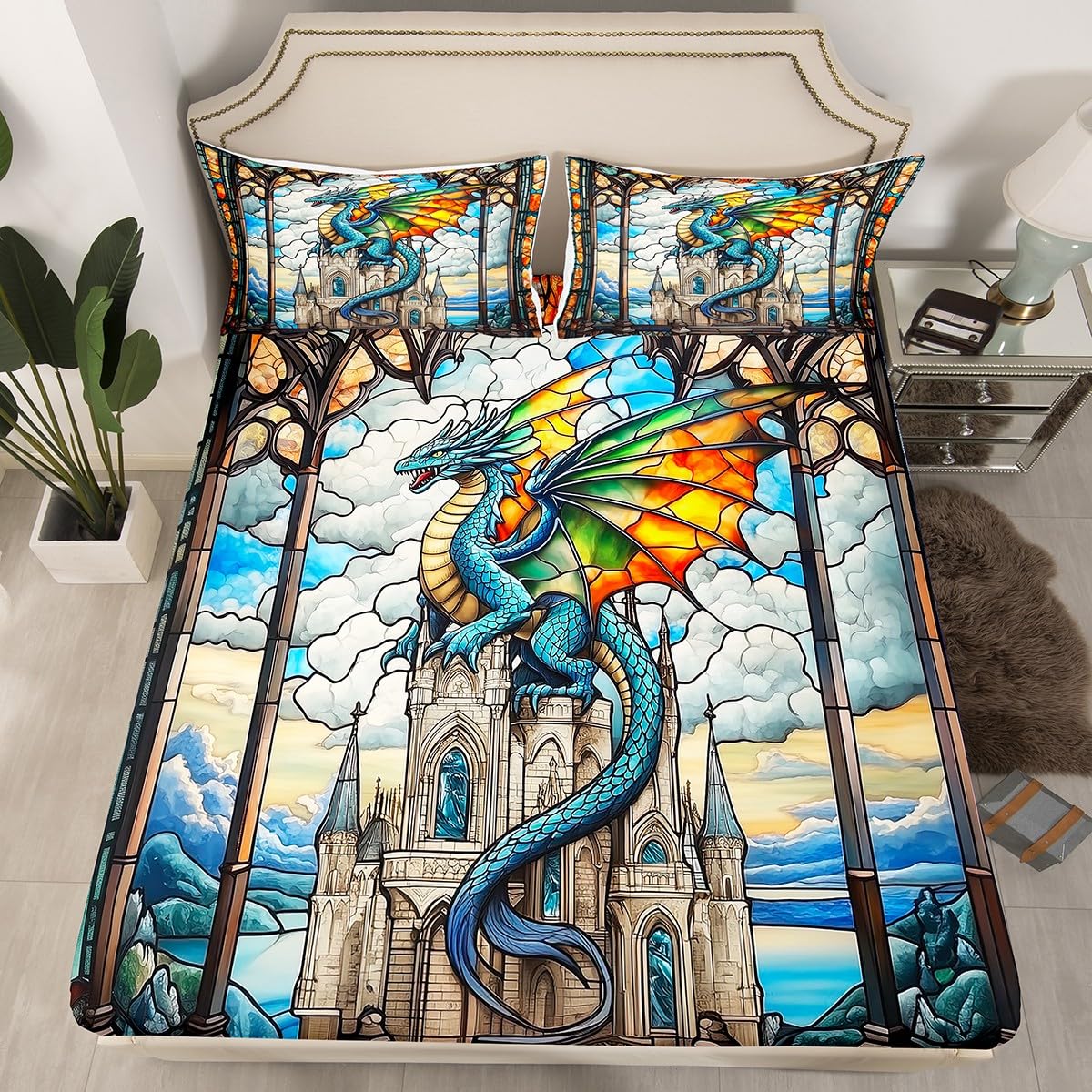 Western Dragon Kids Fitted Sheet Double Size,Tale Castle Cloud Glass Dragon Bedding Set,Boys Girls Room Decor,Geometric Patchwork Natural View Blue Retro Bed Sheet,2 Pillowcases（Not Flat Sheet）