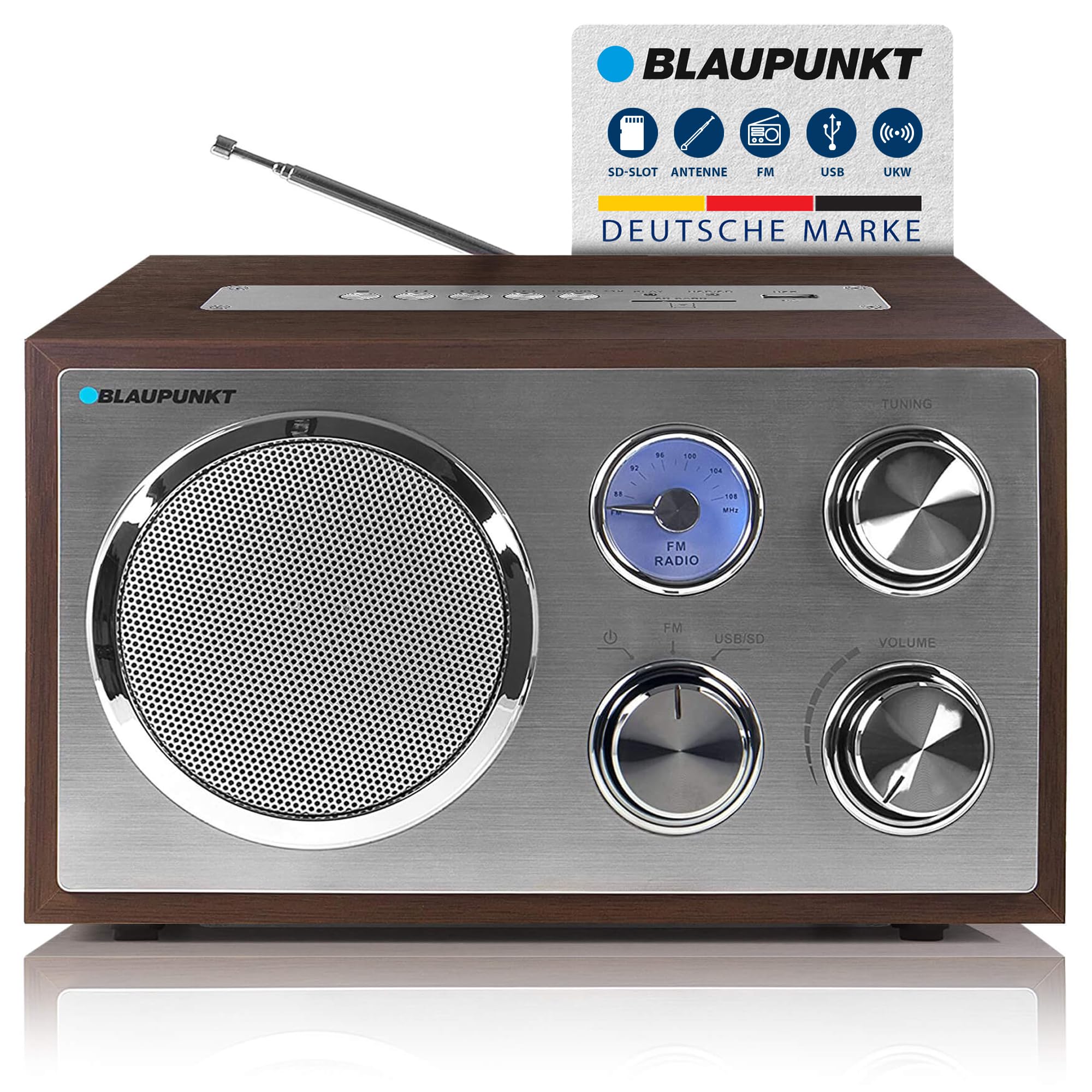 Blaupunkt RXN 19 WN Retro Radio, UKW FM Küchenradio, einfache Bedienung, Radio klein, Analog Tuner, USB-Port 2.0, SD Kartenleser, Antenne, Holz-Gehäuse, Nostalgie-Radio mit Netz-Kabel, Walnuss