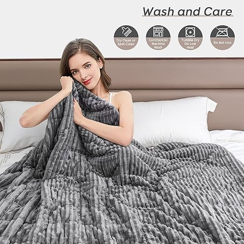 Miniatura 5 de Pawque Manta con peso Sherpa tamaño Queen (15 libras, 60 x 80 pulgadas, gris), manta pesada para adultos, manta de cama mullida con rayas
