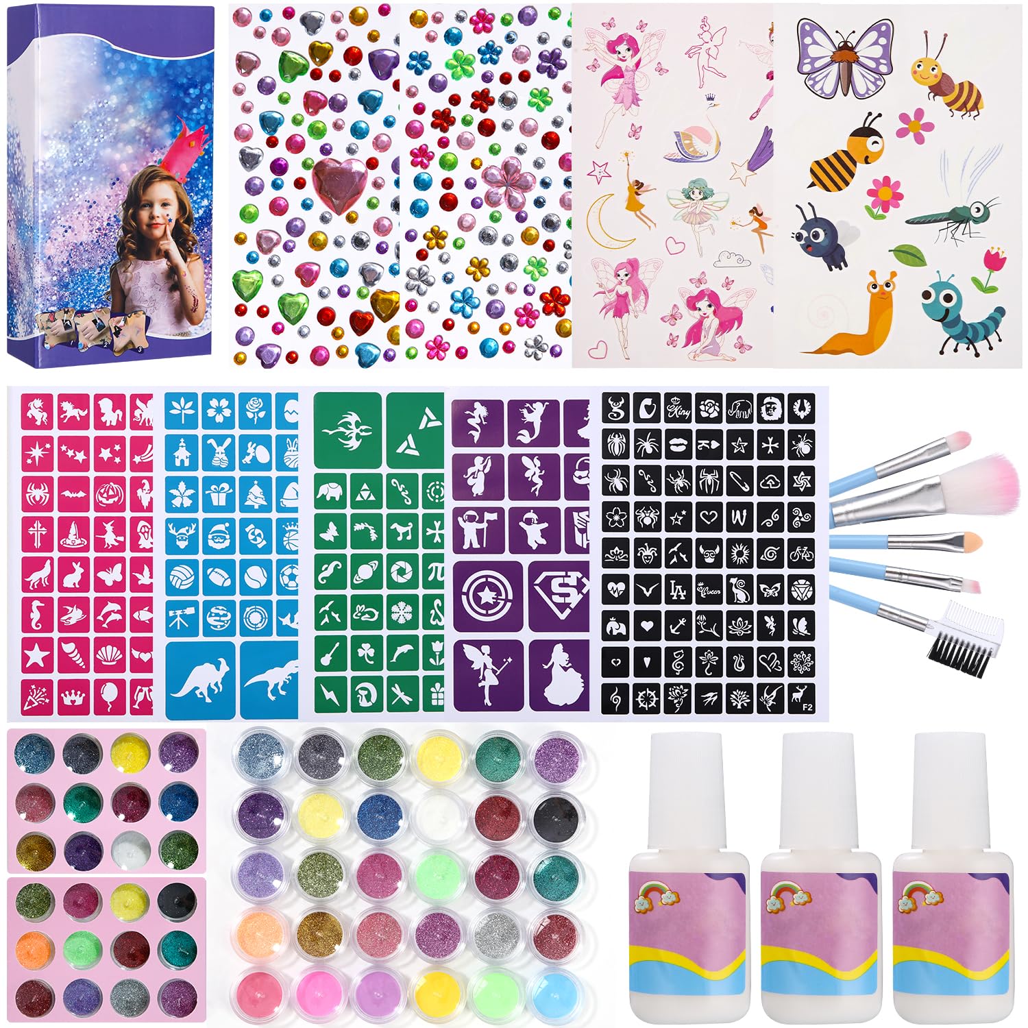 LEAZZLE Kit de Tatuajes Temporales Niños, 30 Colores Brillo Kit de Tatuajes Purpurina para Niñas, 198 Plantillas, 5 Pinceles, 3 Pegamento, Regalos para Niños y Niñas para Fiesta Cumpleaños, Carnaval