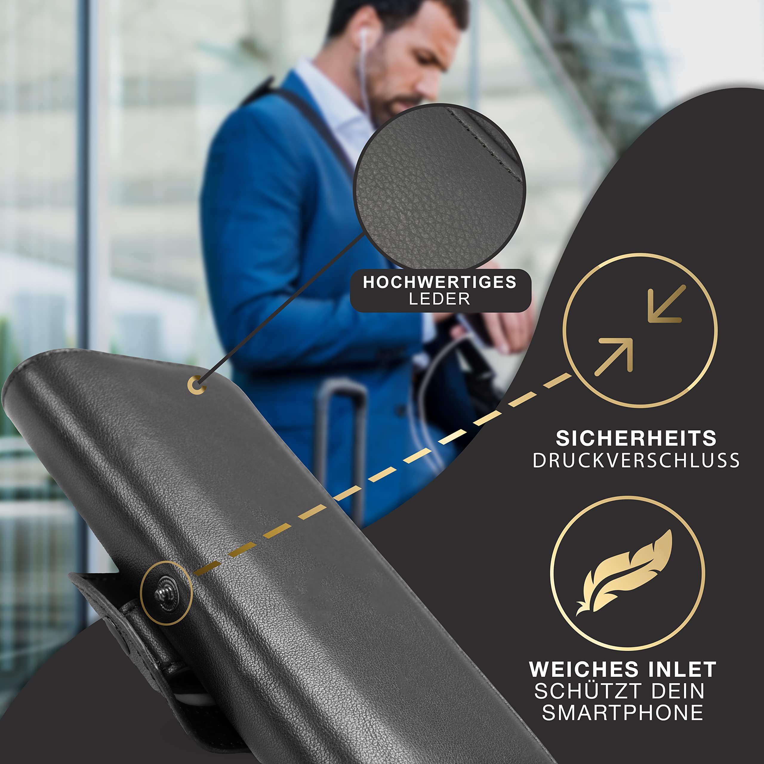 Handy Gürteltasche, Größe XXXL (innen: 169 x 78 x 12 mm), Leder schwarz, Magnetverschluss, Gürtelclip