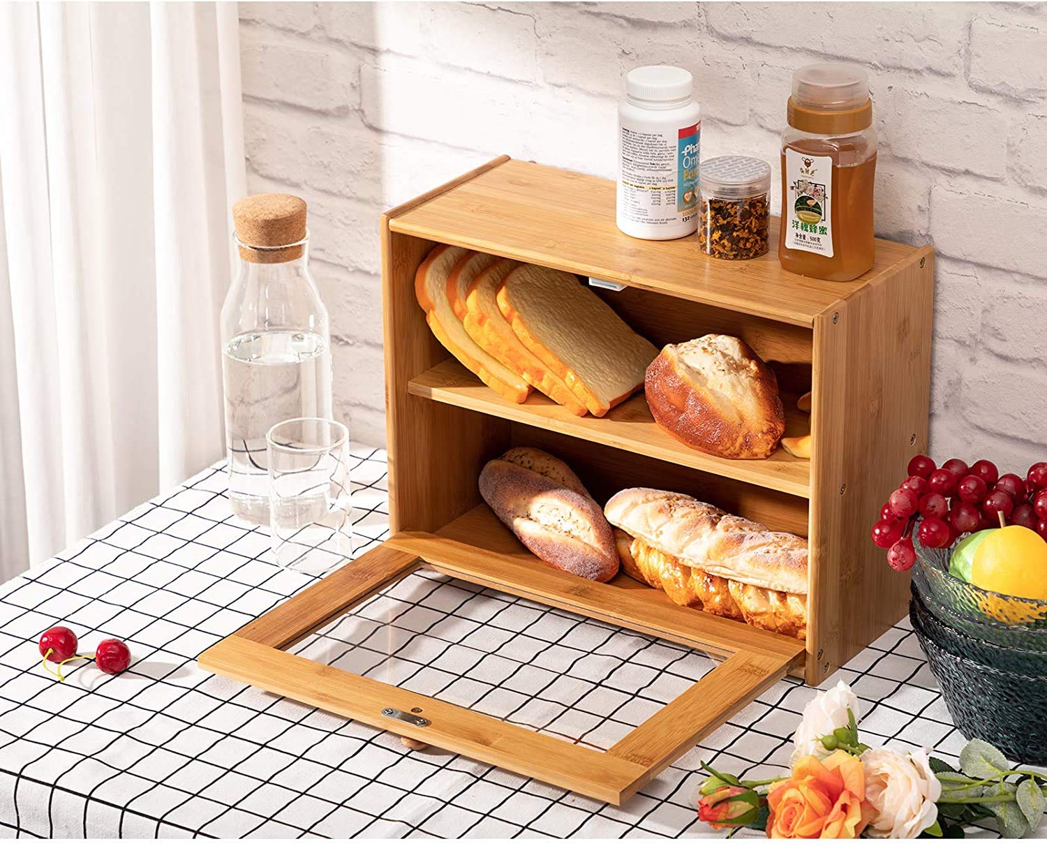 VEDECASA Bamboe Broodtrommel 2 planken, broodtrommel voor keuken, grote broodtrommel, geschikt voor levensmiddelen, broodopslag, bamboe, 40 x 25 x 35 cm, ouderwets, wit