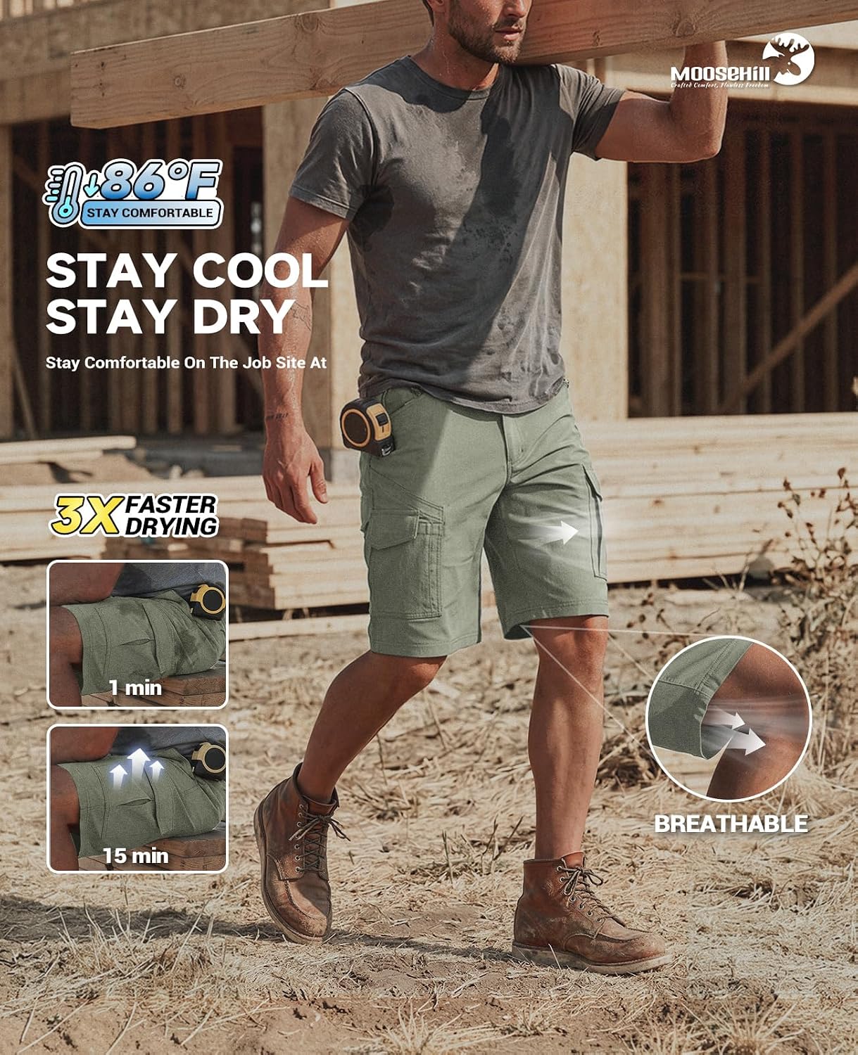Moosehill Mens Work Shorts Breathable: Quick Dry 8 Tool Pockets Summer Hot Weather Stretch Flex Waist Lightweight