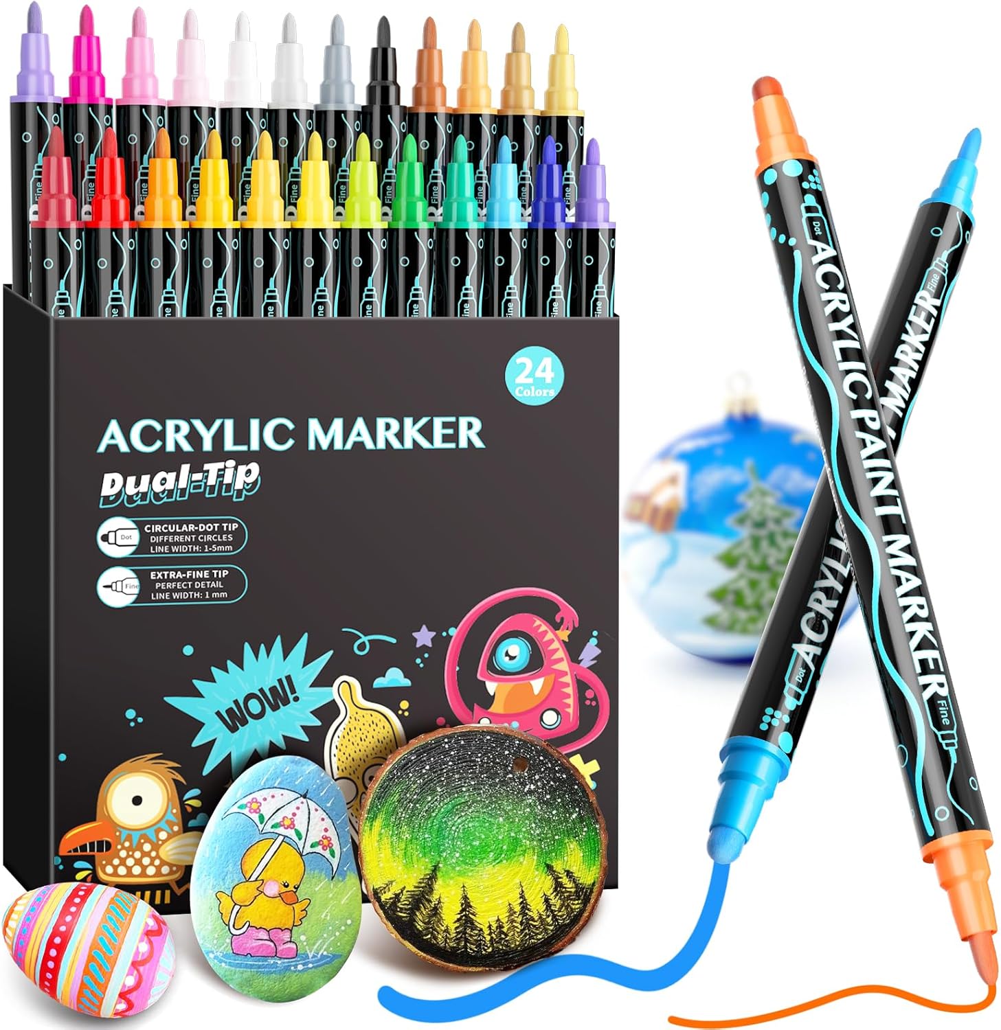 Acrylic Paint Pens Markers, Premium 24 Colours Dual Tip Acrylic Paint