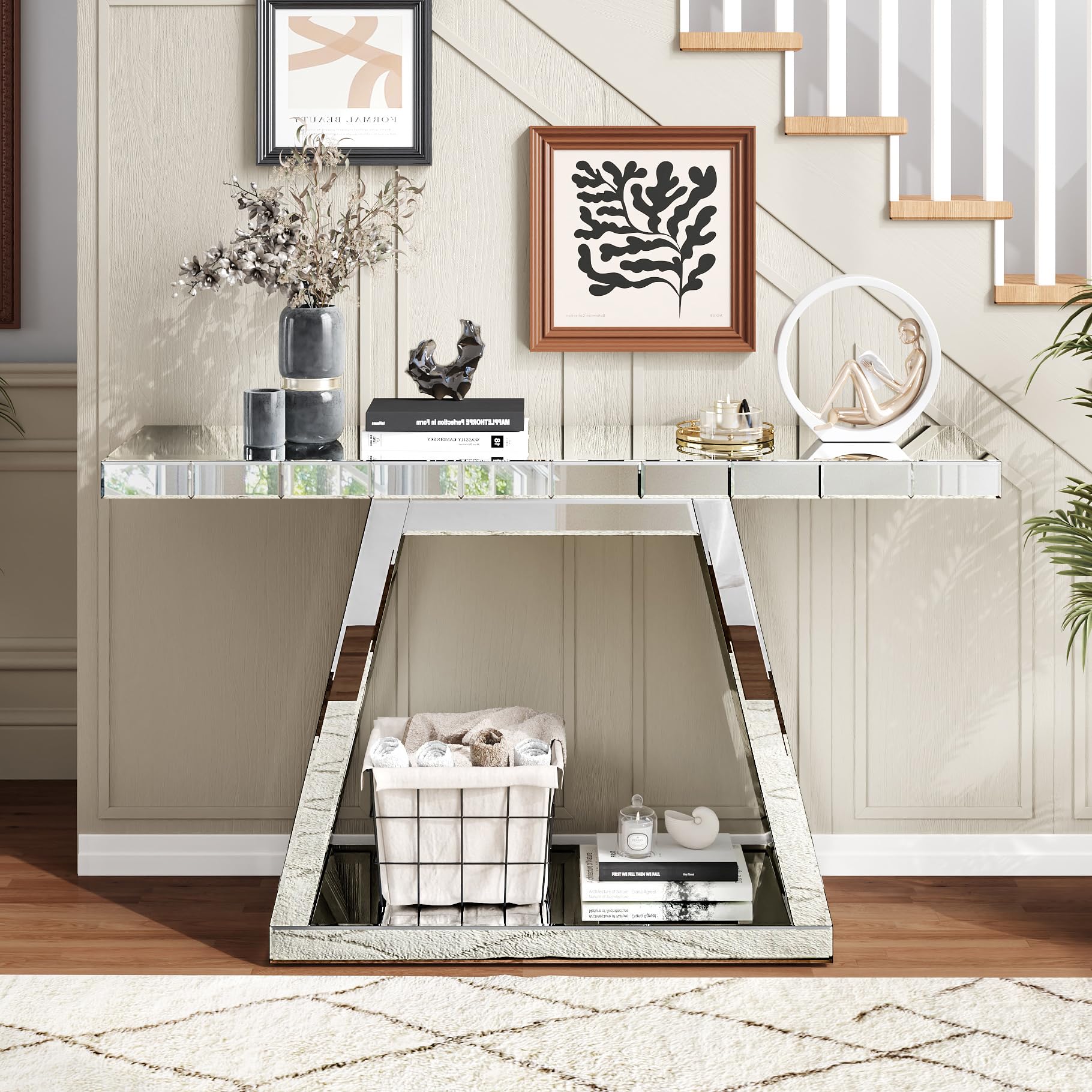 Henf Silver Mirrored Console Table Sparkling Crystal Entryway Table with Trapezoid Base, Modern Glass Accent Sofa Table for Entryway/Foryer/Corridor/