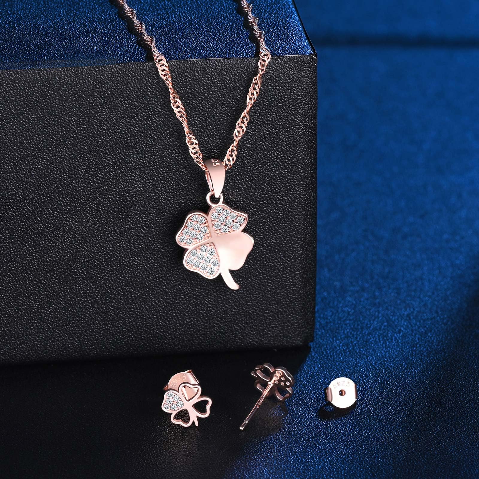Juegos de Collar Pendientes Trébol para Mujer y Niñas, Colgante Trébol con Cadena 45cm, Aretes Trébol Circonita, Plata de Ley 925 Conjuntos Joyas de Cuatro Hojas Fiesta Cóctel