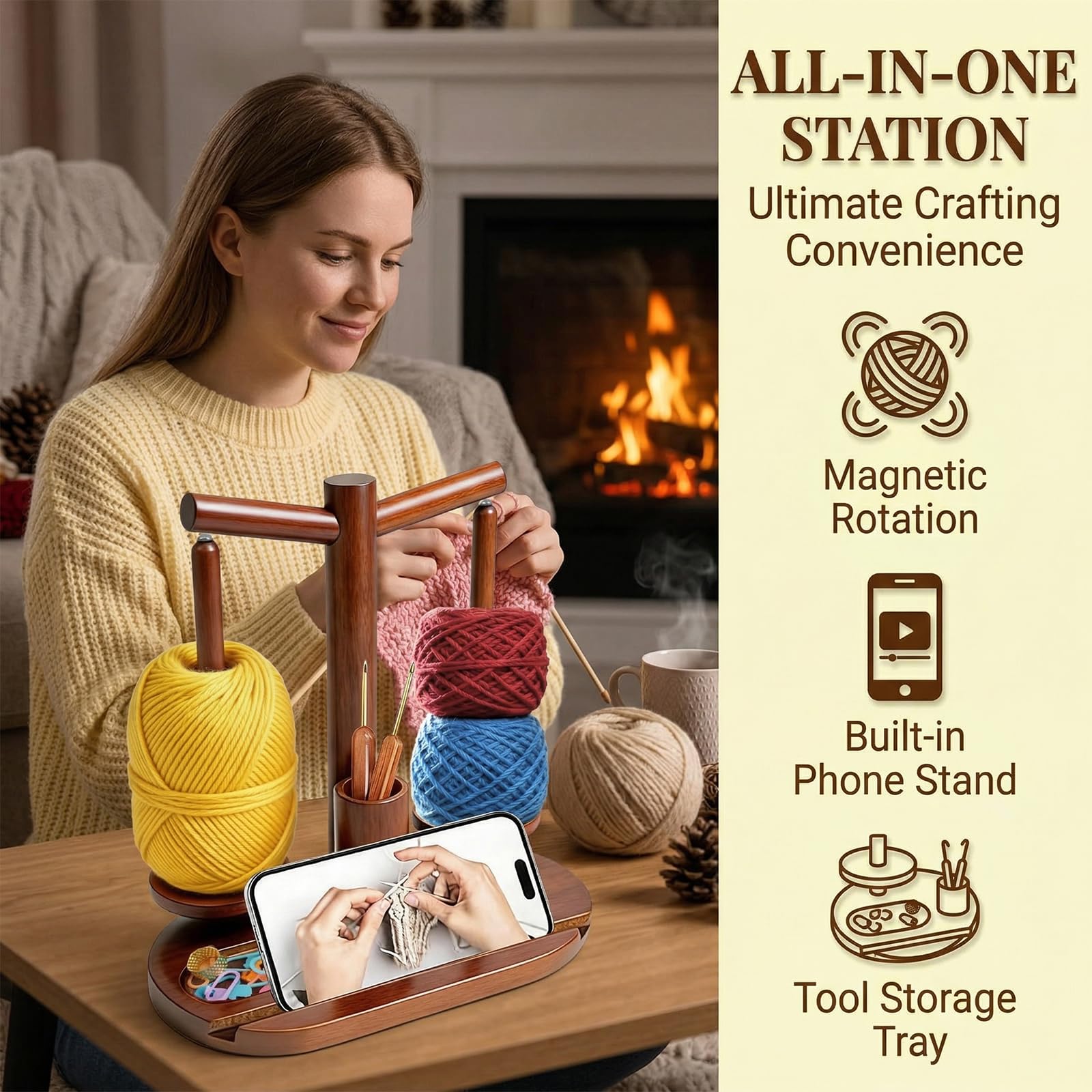 Wollwickler, Soporte de Hilo Giratorio Magnético para Tejer y Ganchillo, Spinner de Madera con 2 Bobinas, Almacenamiento para Accesorios de Tejido y Soporte para Teléfono, Regalo Ideal