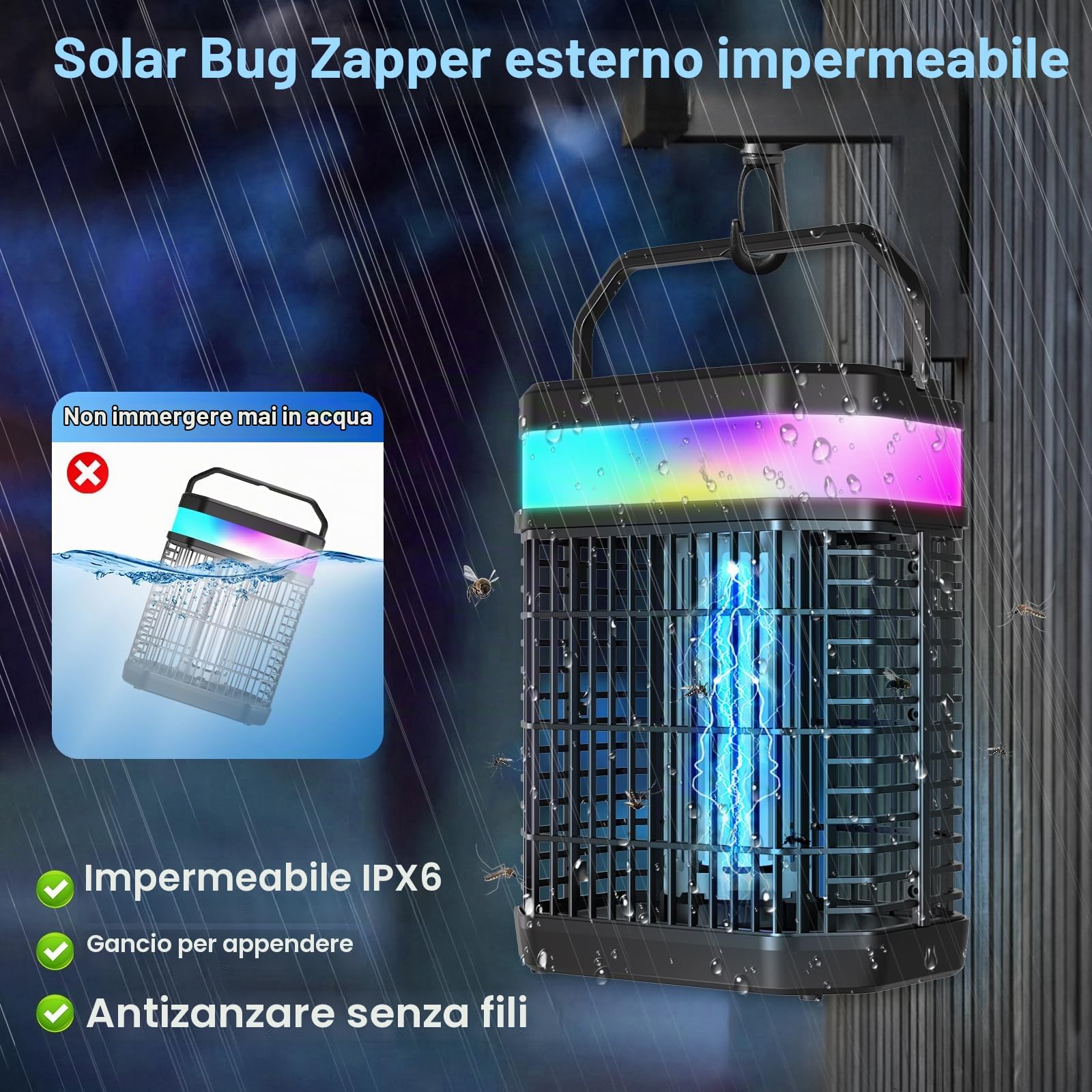 Solare Lampada Antizanzare Elettrico,Zanzariera Elettrica Esterno 4000V,Anti Zanzare Solare con 5500mah & LED,Ammazza Zanzare Ricaricabile & IP65 per Esterno,Interno,Giardino,Camping,Patio