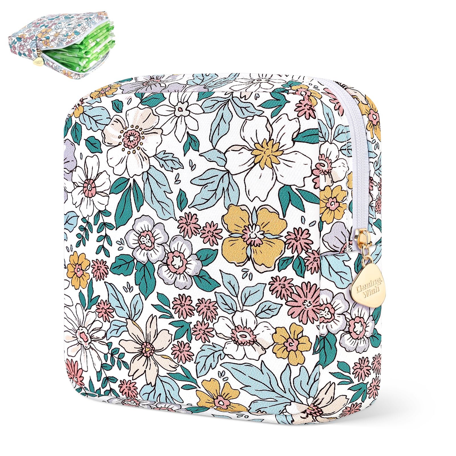 Sanitary Pad Storage Bag Portable Period Bag for Teen Pads/Sanitary Napkins/Small Tampons, Sanitary Napkin Storage Bag First Period Gifts for Teen Girls (Spring Flowers)