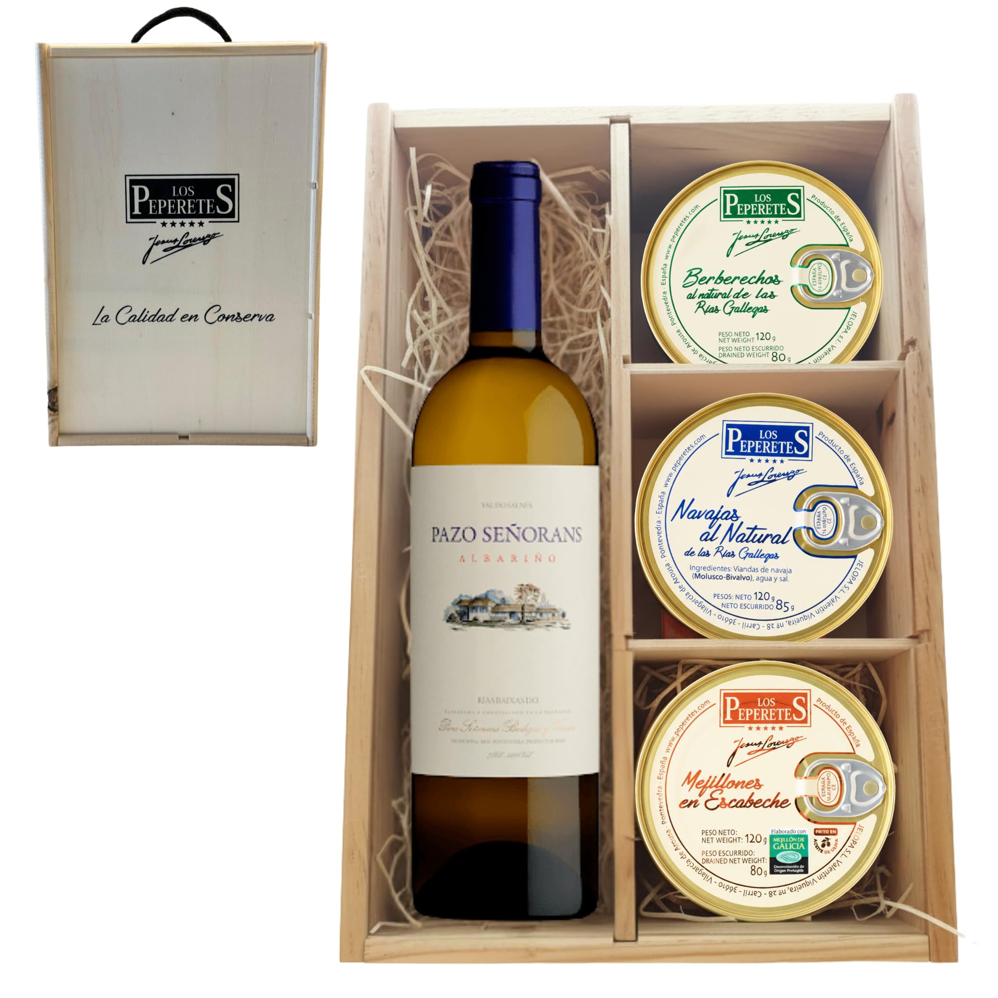 LOS PEPERETES Pack Gourmet Marisco Gallego con Albariño Pazo Señorans | Berberechos ×2 · Navajas ×2 · Mejillones en Escabeche ×2 | Selección Delicatessen