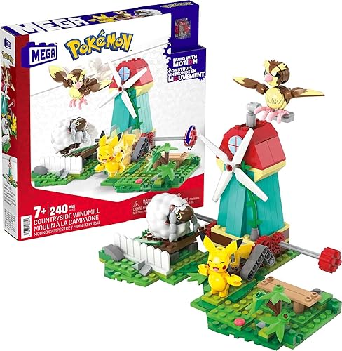 Miniatura 1 de MEGA Juego de juguetes de construcción de figuras de acción Pokémon, molino de viento de campo con 240 piezas, movimiento y 3 personajes posables,