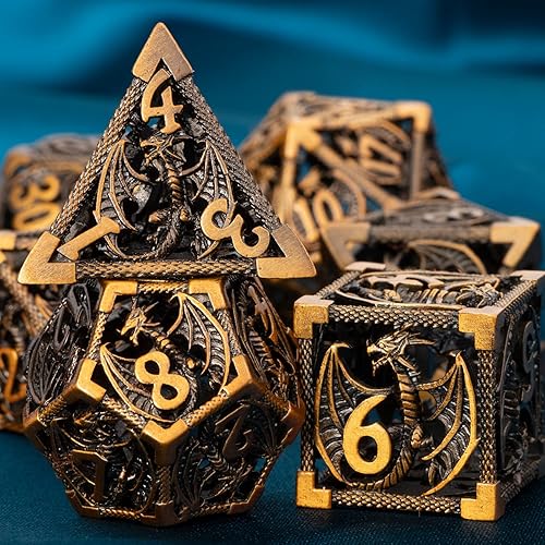 Miniatura 2 de ARUOHHA DND - Juego de dados de metal con caja de regalo, 7 piezas de dados poliédricos de oro antiguo, juegos de rol, dados huecos D&D, dados RPG D