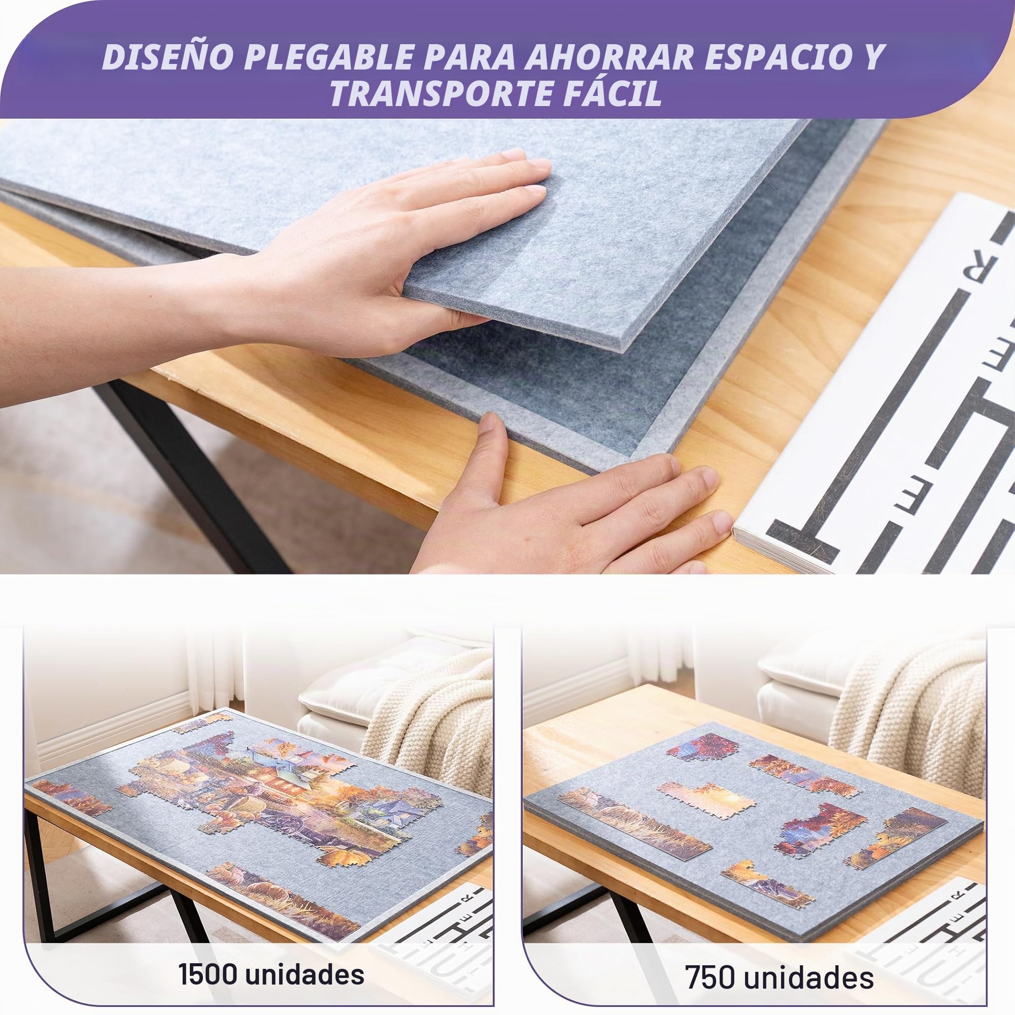 Tektalk - Tabla de Rompecabezas Plegable con 4 ángulos Ajustables, Bandeja Ligera y portátil con Caballete de Madera, Mesa de Rompecabezas Plegable de Fieltro, hasta 1500 Piezas (Gris)