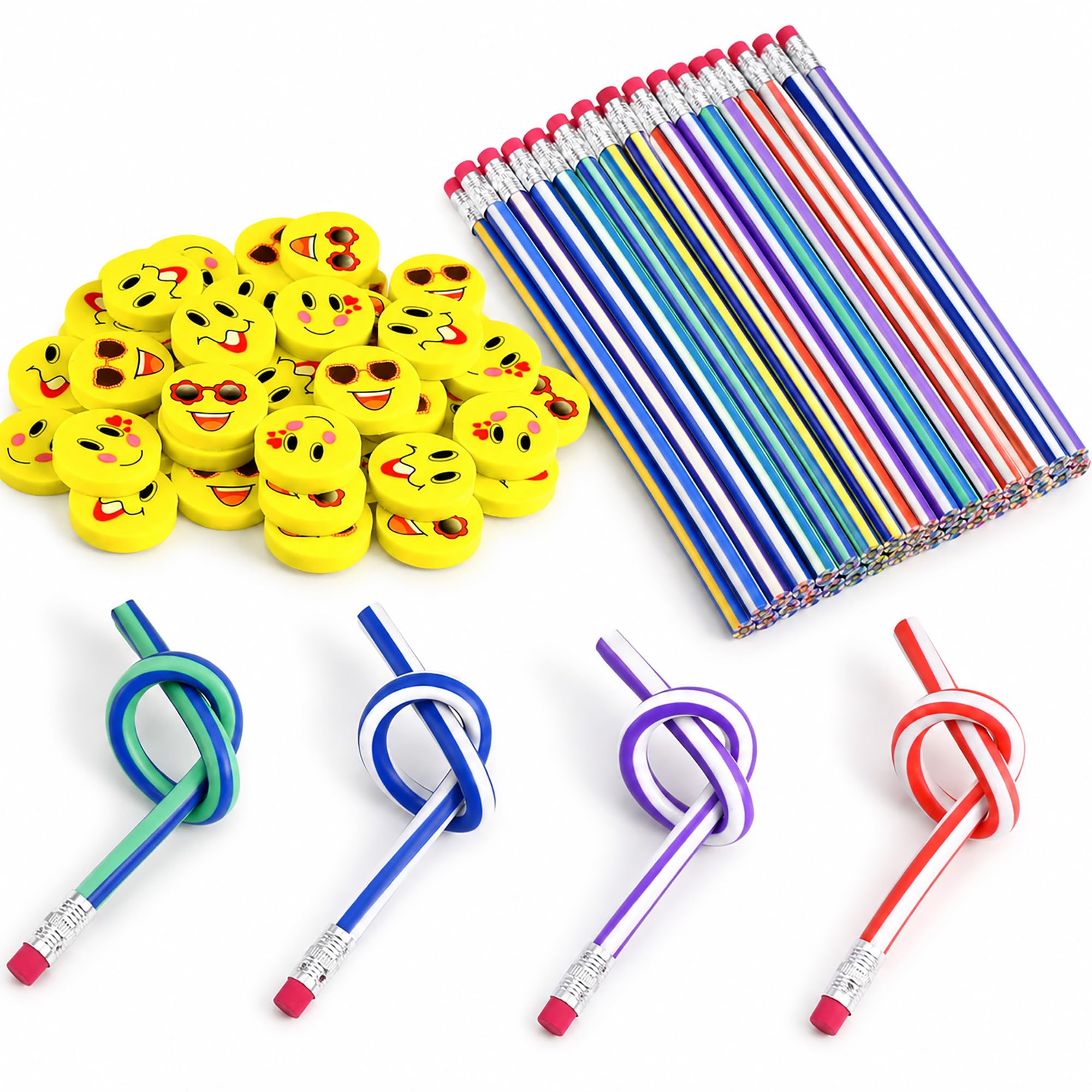48Pcs Party Bag Filler Set, Colourful Flexible Pencils and Smiley Rubber Erasers