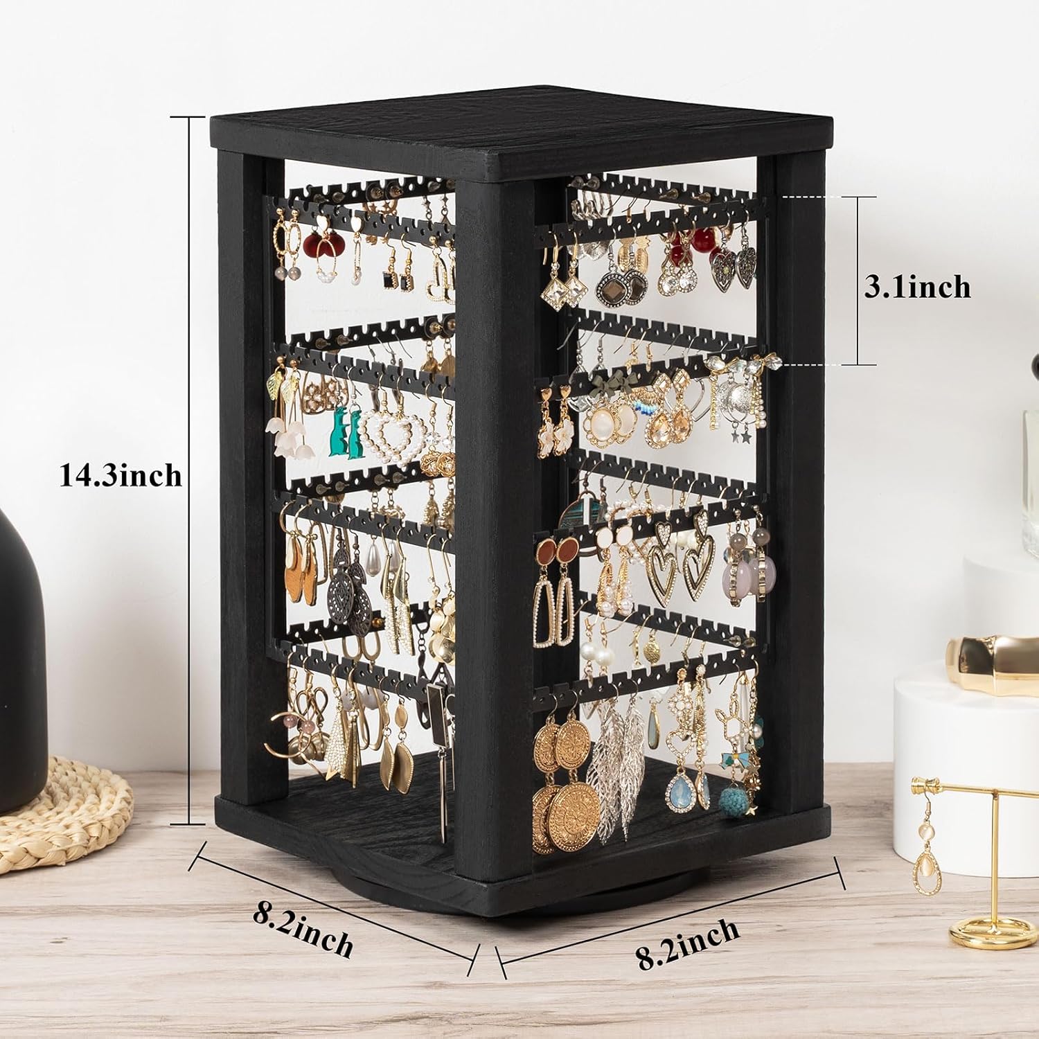 360 Earring Holder Organizer, Rustic Wood Earring Stand, Rotating