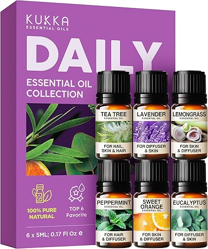Paquete de 6 aceites esenciales diarios para difusores, juego de regalo de aromaterapia con menta, árbol de té, eucalipto, lavanda, naranja y hierba