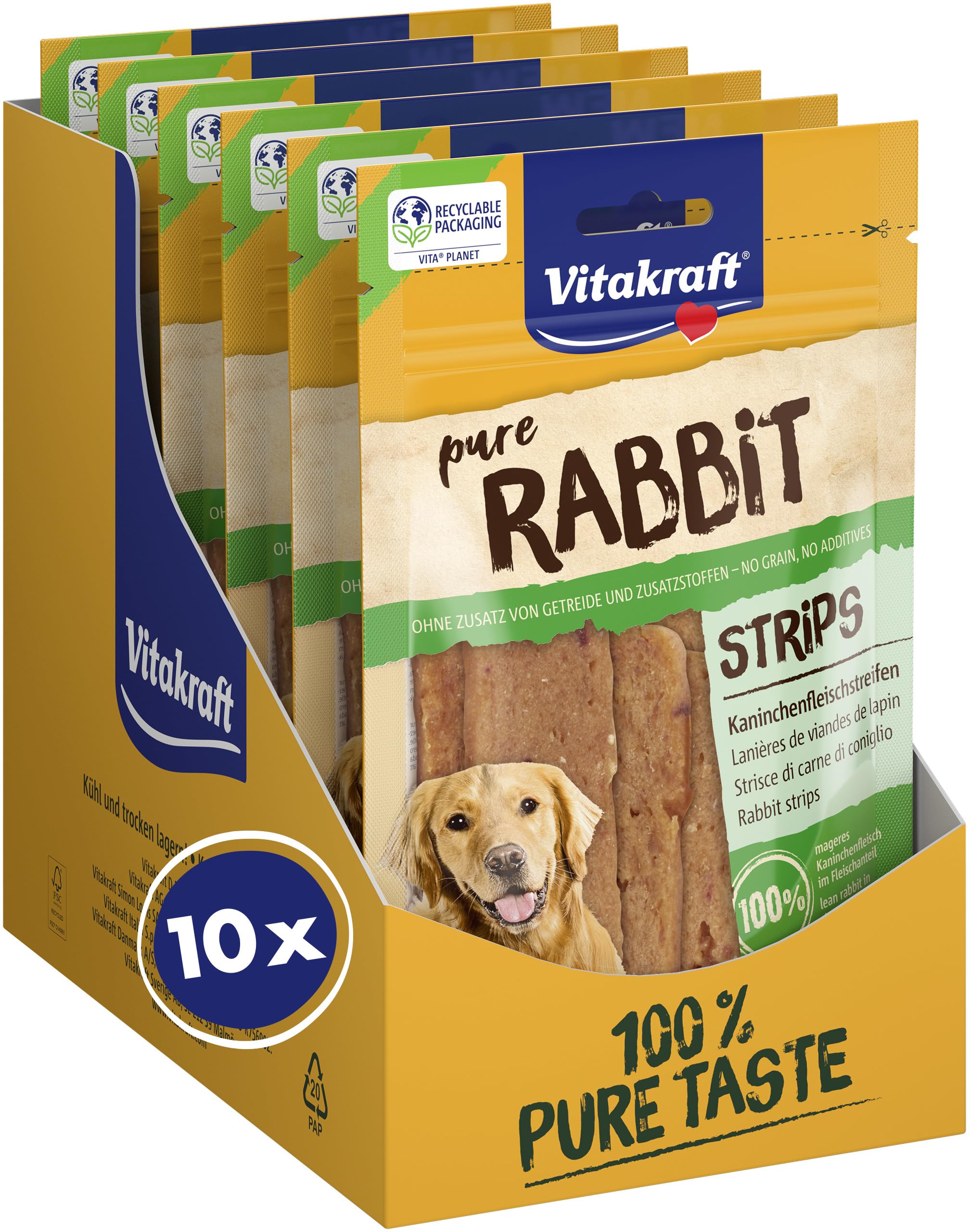 Vitakraft Pure Rabbit Strips, Hundeleckerli, Kaninchenfleischstreifen, Hunde Trainingsleckerli, ohne Zusatz von Zucker (10x 80g)