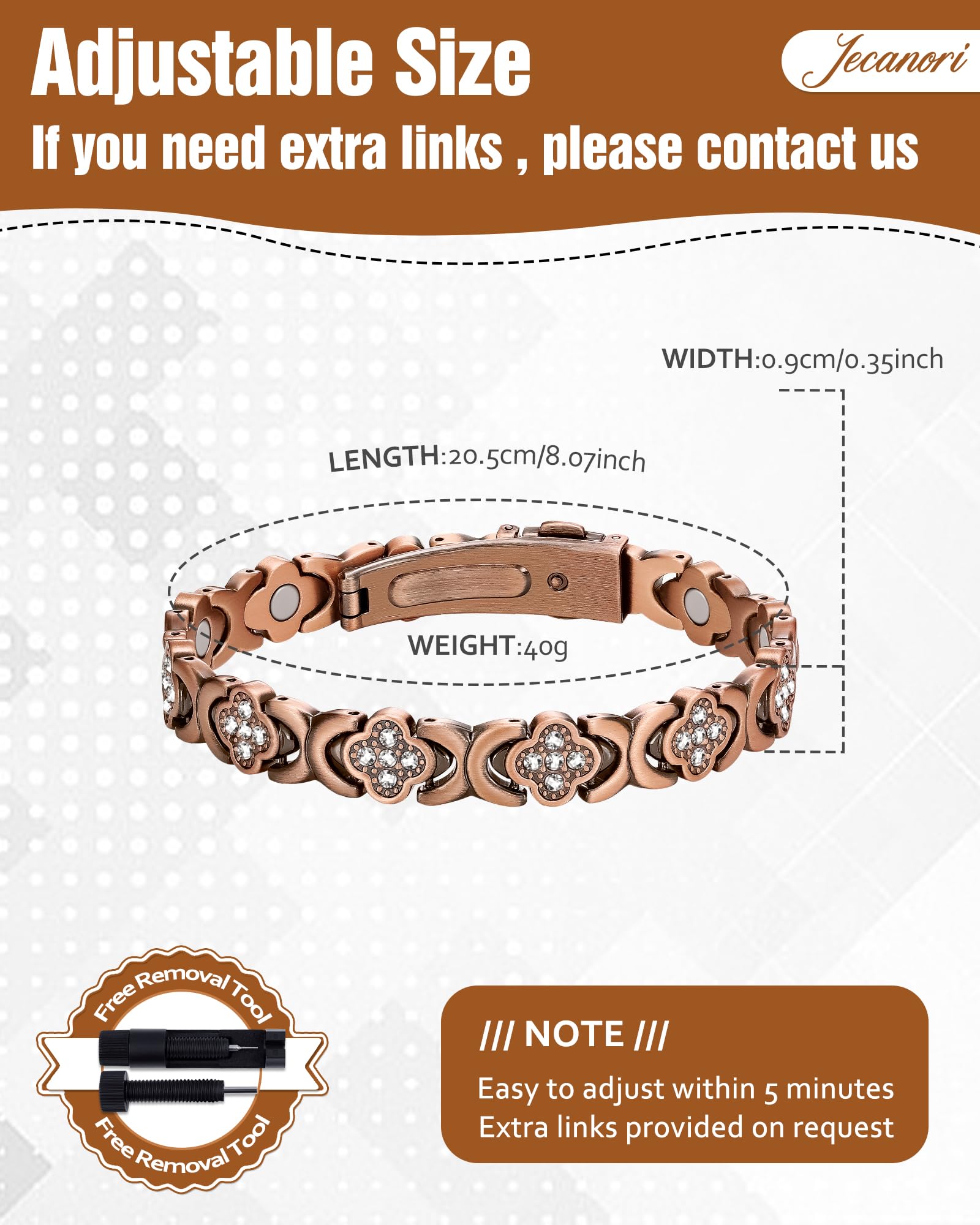 Jecanori Bracelet magnétique en cuivre pur à 99,99 % pour femme, bracelet en cuivre ultra résistant avec boîte cadeau et outil de retrait