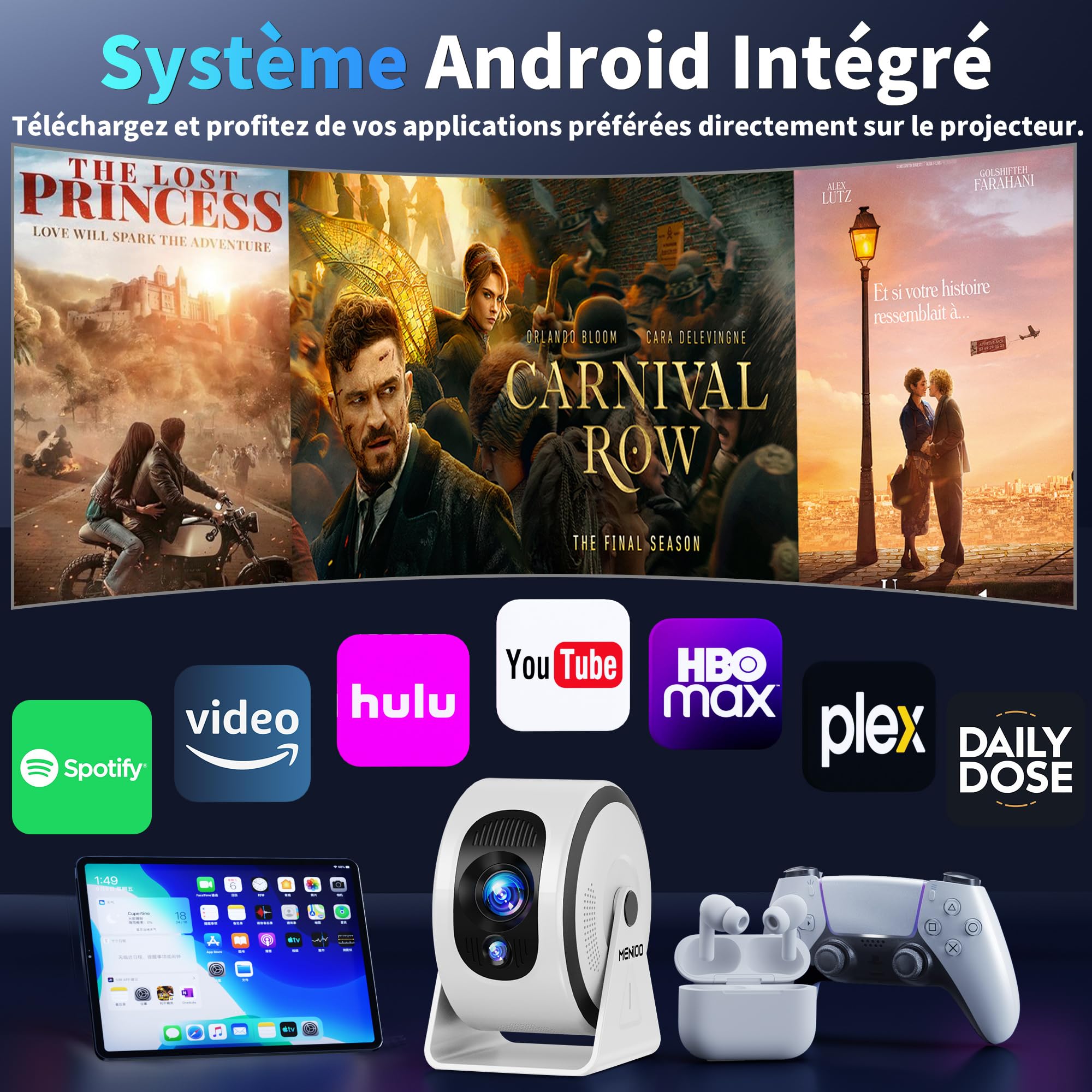 [App integree] Mini Vidéoprojecteur Supporte 4K 1080P 2026 Upgraded AutoFocus & Keystone, Projecteur Correction 360" Rotation avec WiFi 6 etBluetooth 5.4 projecteur avec HDMI/TV Stick/USB/ - Blanc