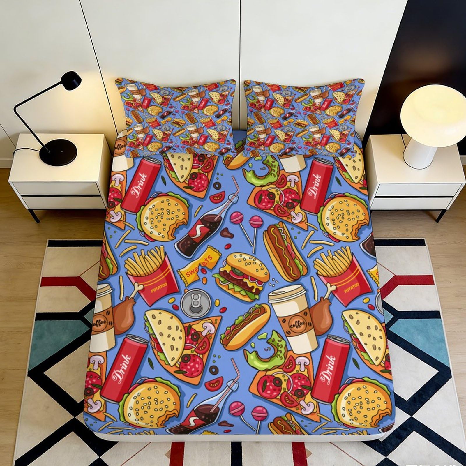 3D Printed Fast Food Pattern Fitted Sheet Microfiber Bedding with Colorful Burger Pizza Design Bed Cover for Dormitory Guest Room Mattress Protection 90x200x25cm