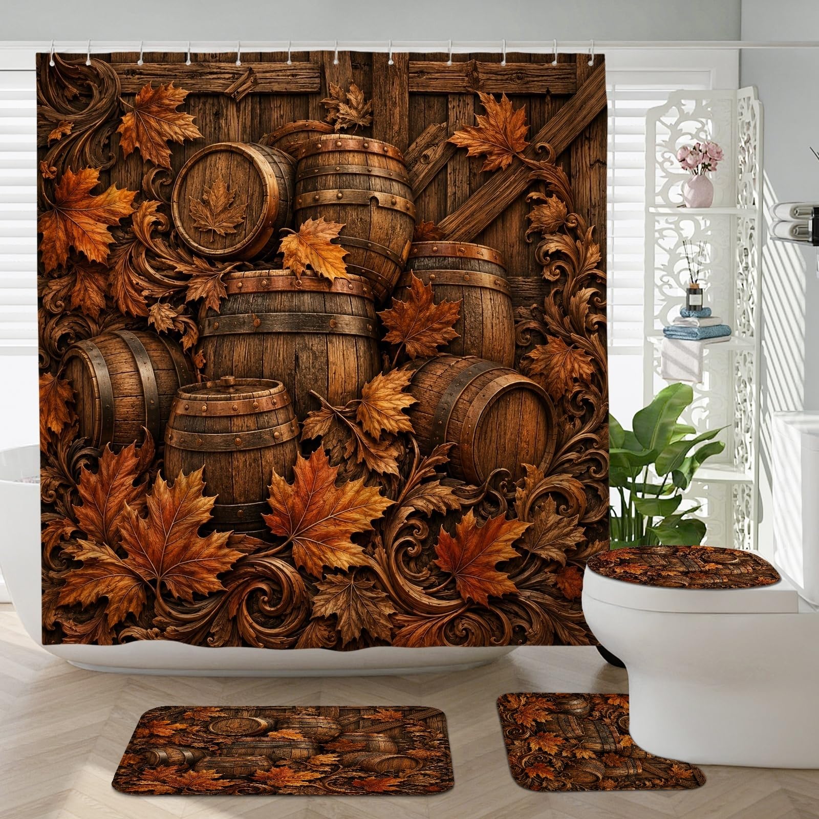 Rideaux de douche imperméables anti-éclaboussures avec tapis de douche marron