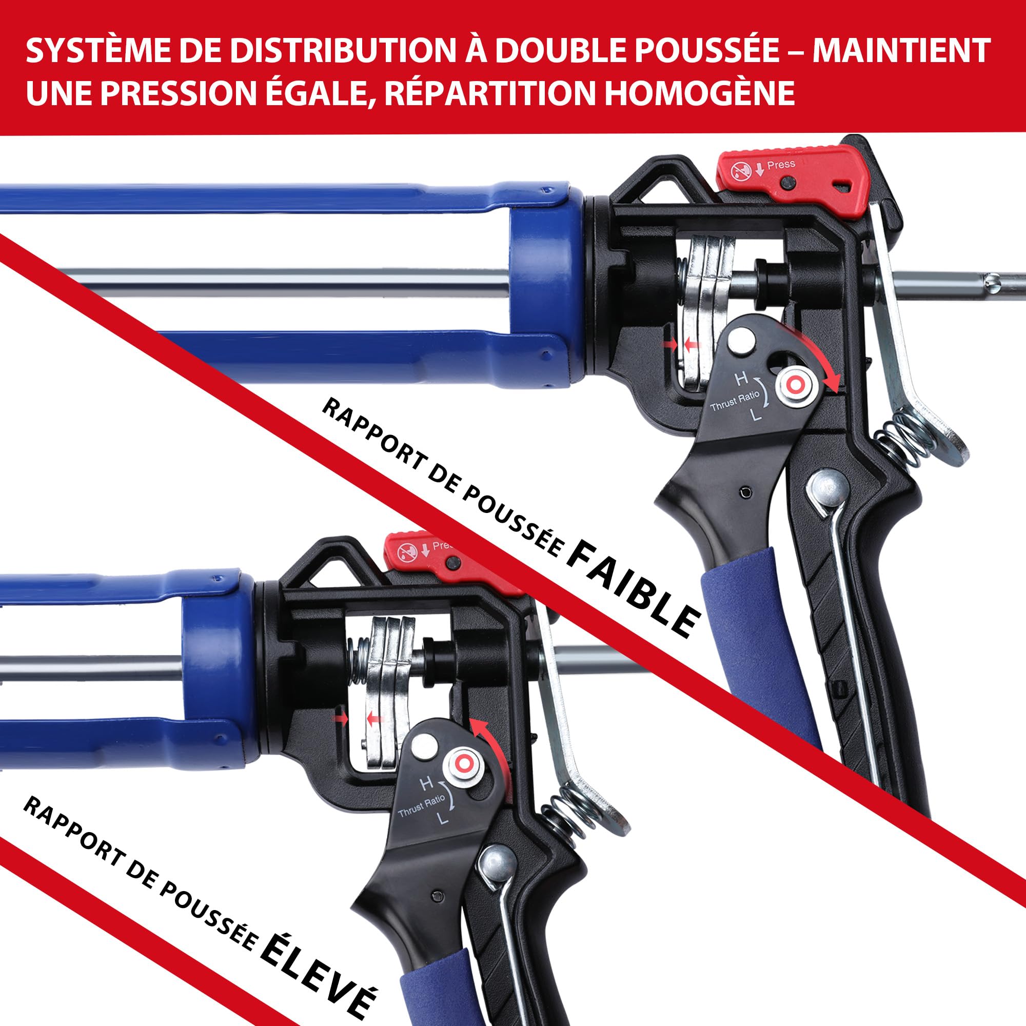 WORKPRO Pistolet à Calfeutrer Silicone en Métal avec 2 Modes de Rapport de Poussée, Transmission de Force 9:1 et 18:1, Pistolet à Cartouche pour Cartouches de Silicone et d'Adhésif de 295ml