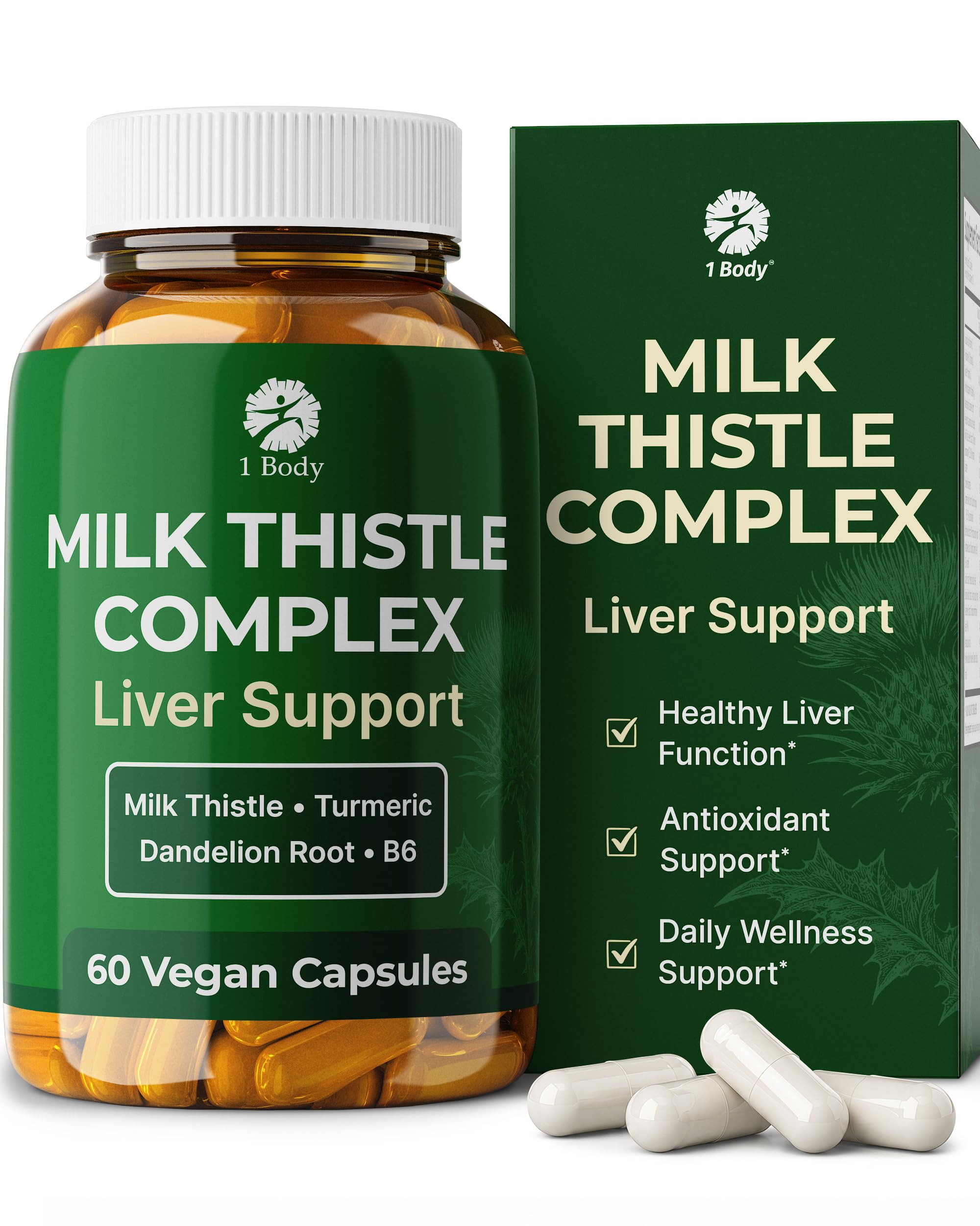 1 Body Milk Thistle Complex, Liver Support, 60 Vegan Capsules, 30 Servings