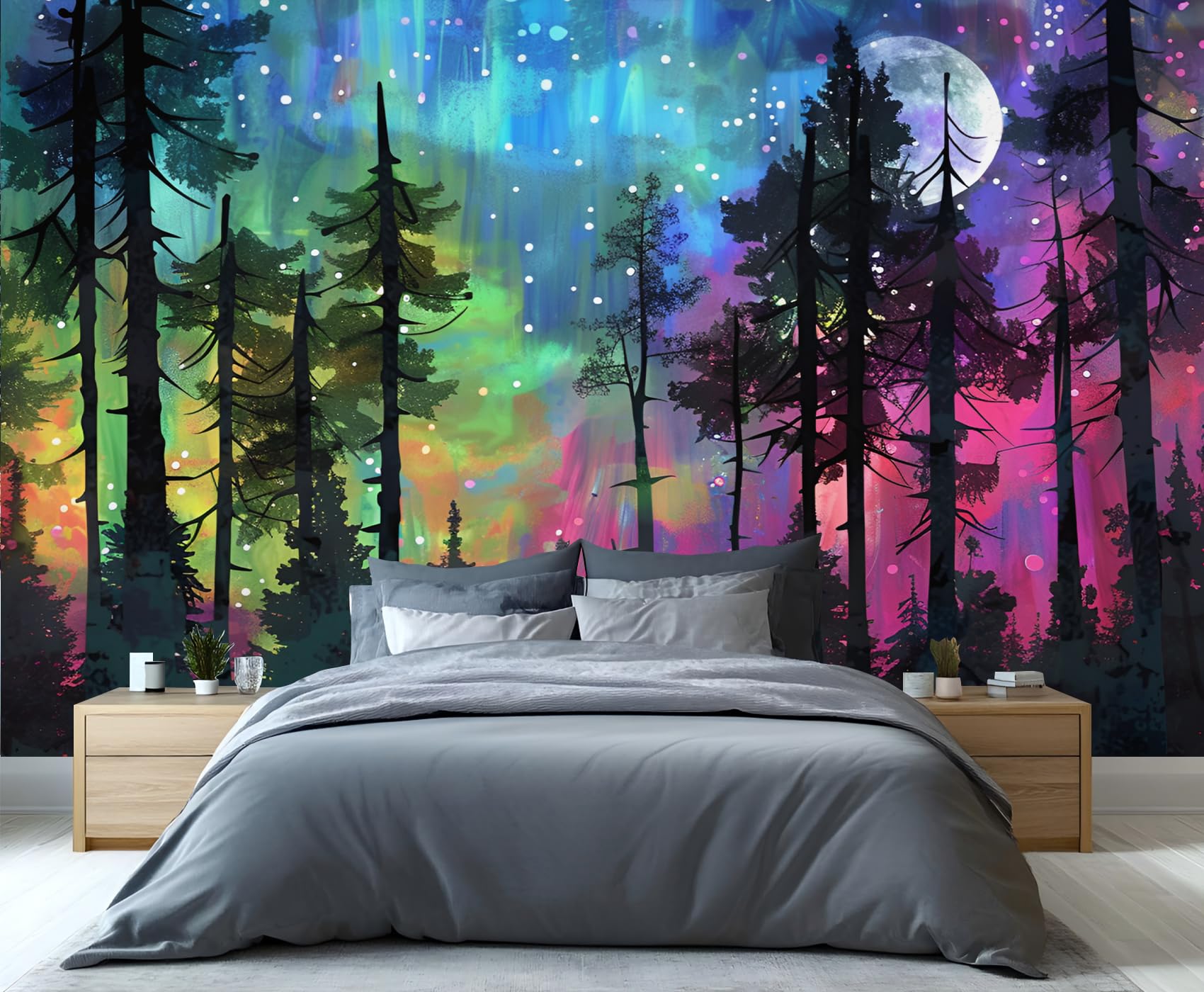 YXQAIED Colorful Aurora Wallpaper, Forest Full Moon Photo Wallpaper Natural Landscape Bedroom Kids Room Living Room Decoration Poster, 390x260cm