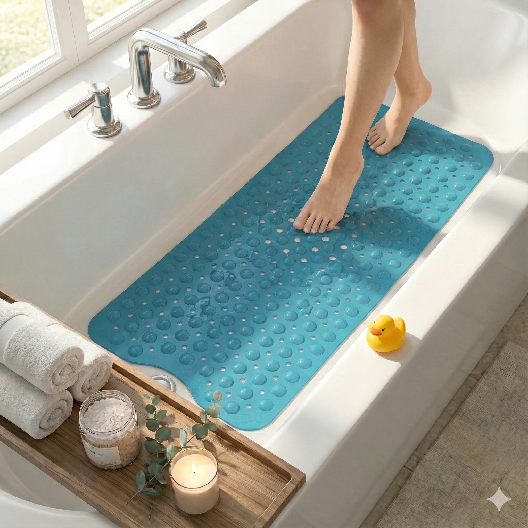 Kikzi Extra Long Non Slip Bath Mat, 101x40cm Clear Shower Mat with Drain Holes and Suction Cups, Machine Washable (Blue)