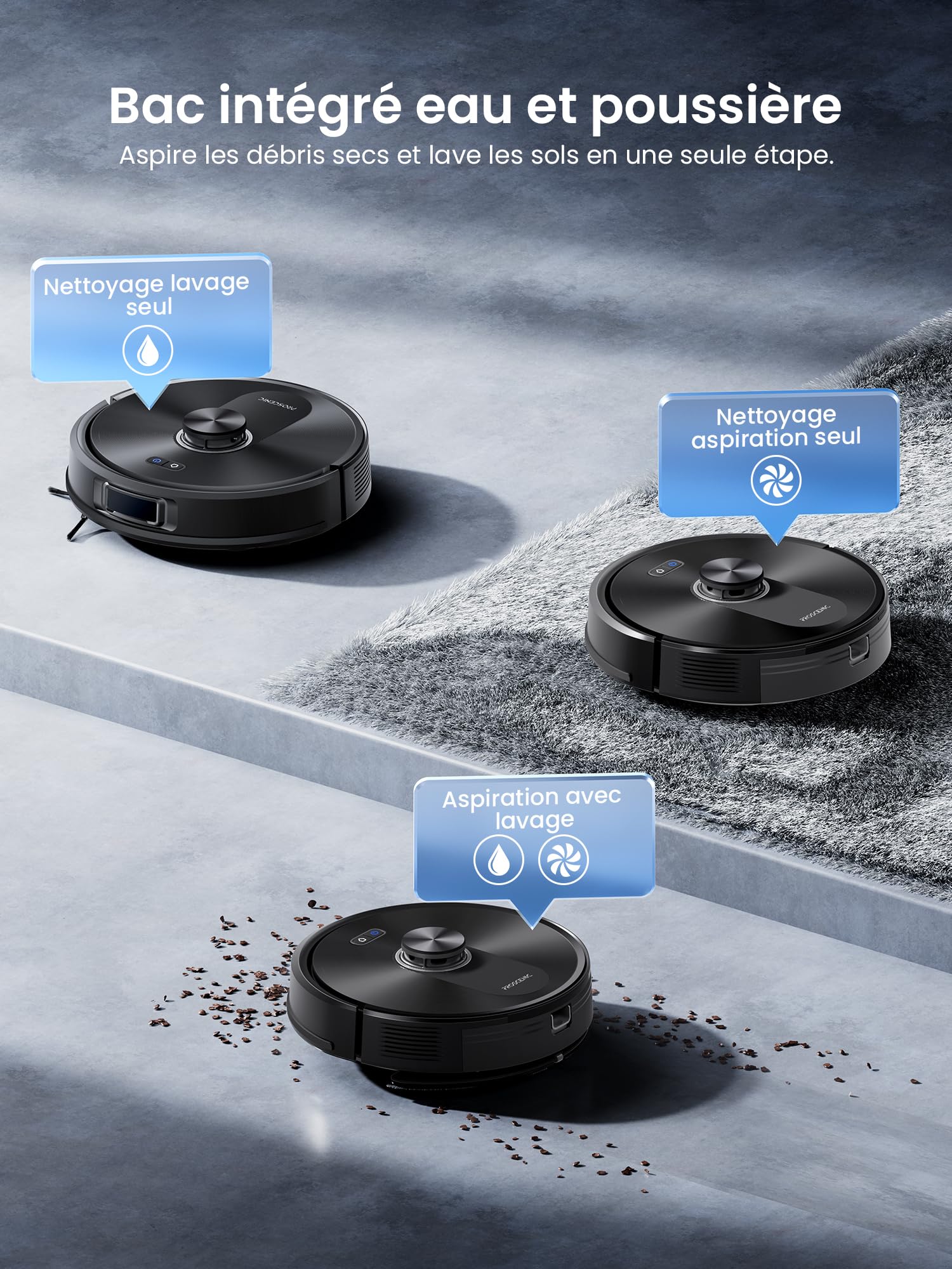 Proscenic Q10+ Aspirateur Robot,8000Pa 200Mins Robot Aspirateur Laveur avec Serpillière,Navigation Lidar,Multi-étage Cartographie,Évitement d'obstacles,Silencieux,pour Poils Animaux Tapis Sols Durs